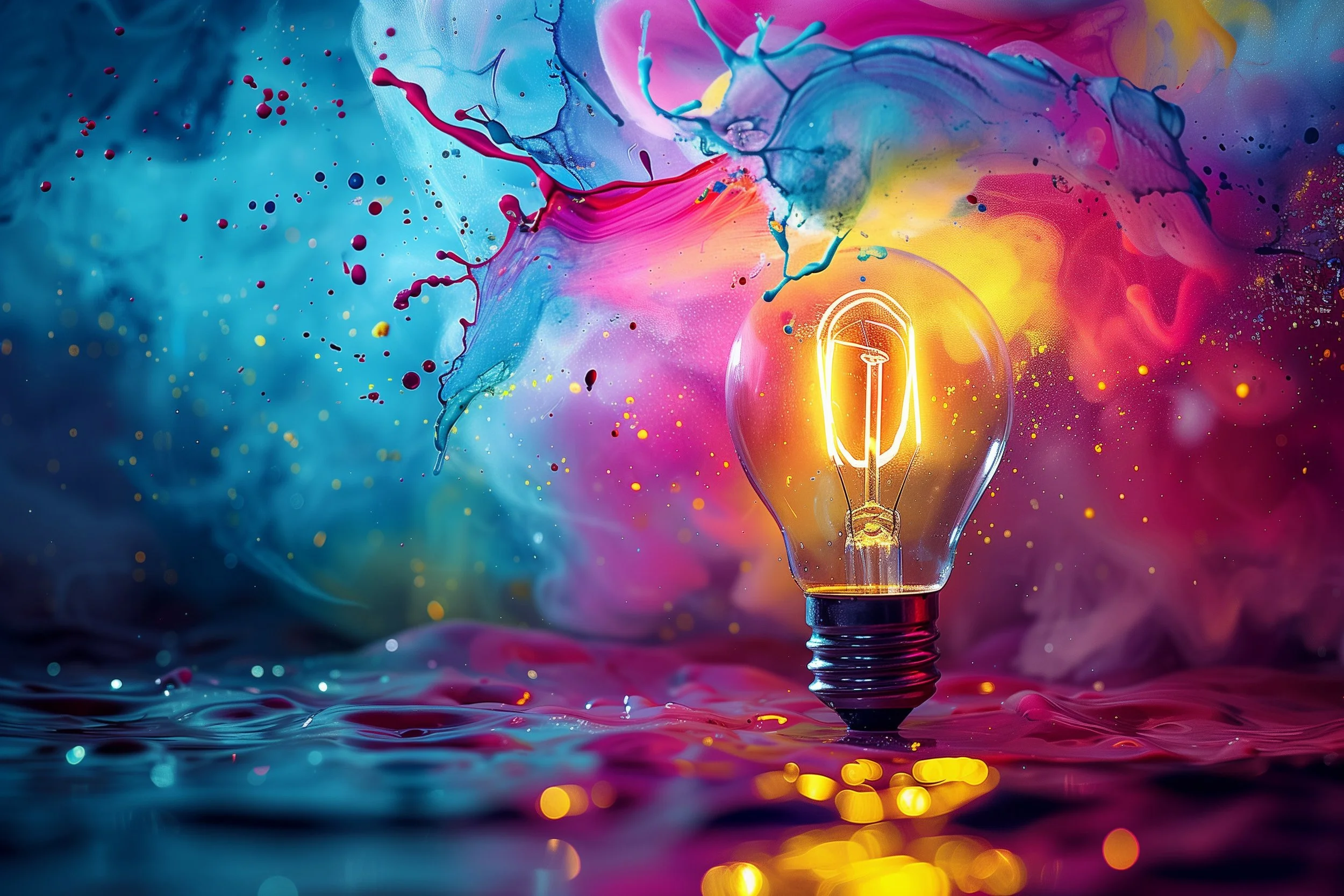 Une ampoule éclairée posée sur une surface liquide, entourée d'éclaboussures colorées de peinture dans des teintes bleues, roses, jaunes et violettes, créant un effet artistique lumineux et vibrant.