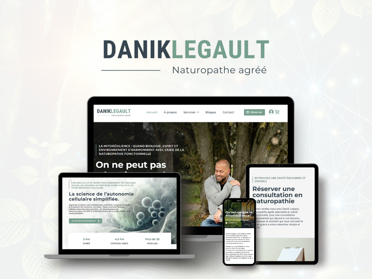 Page web de Danik Legault, naturopathe, avec des appareils numériques affichant des contenus liés à la naturopathie,Portrait d'un homme souriant dans un parc en arrière-plan.
