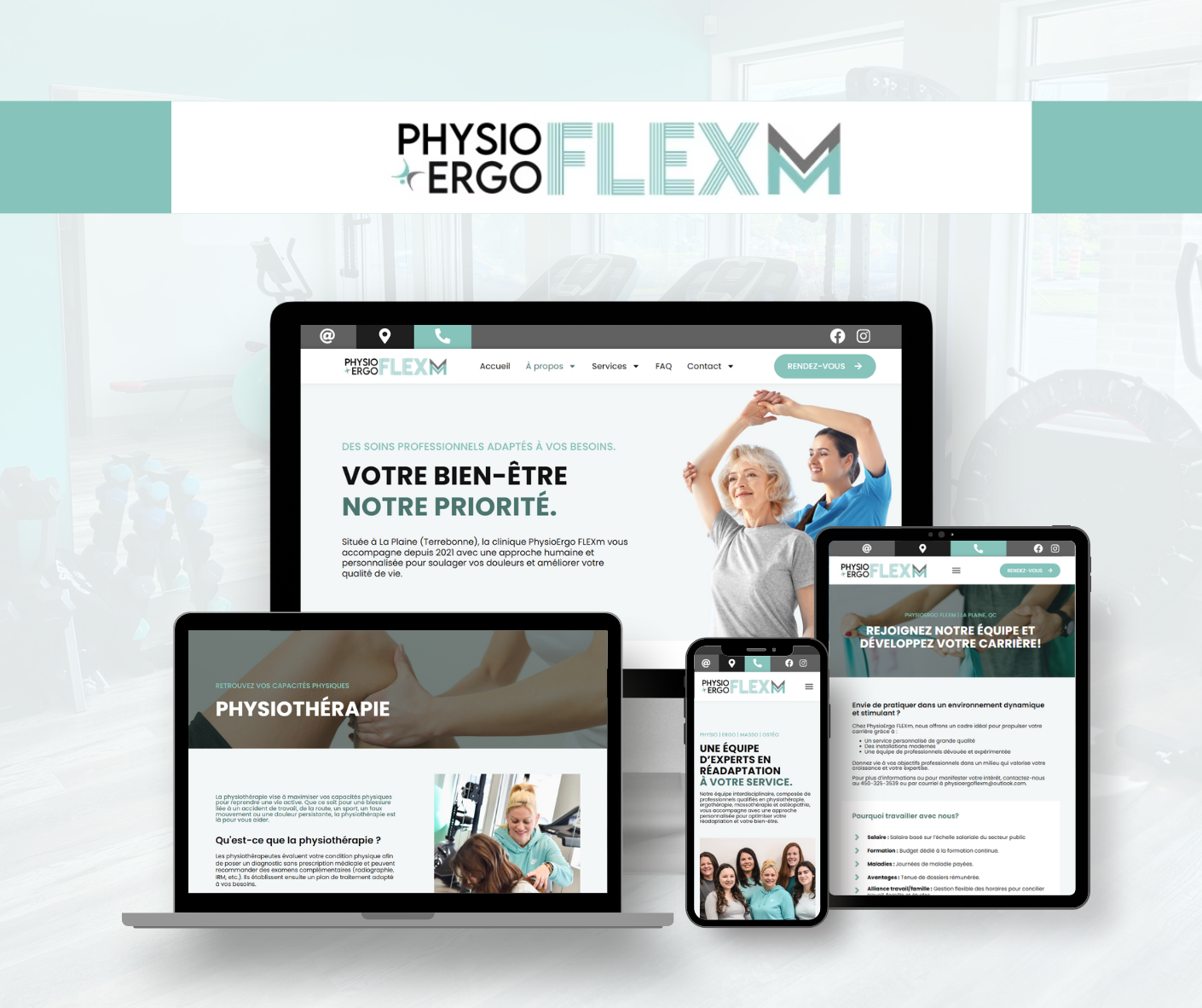 Capture d'écran du site web PhysioErgo FLEXM affiché sur différents appareils (ordinateur, tablette, smartphone), avec des images de personnes en séance de physiothérapie et textes promotionnels en français.