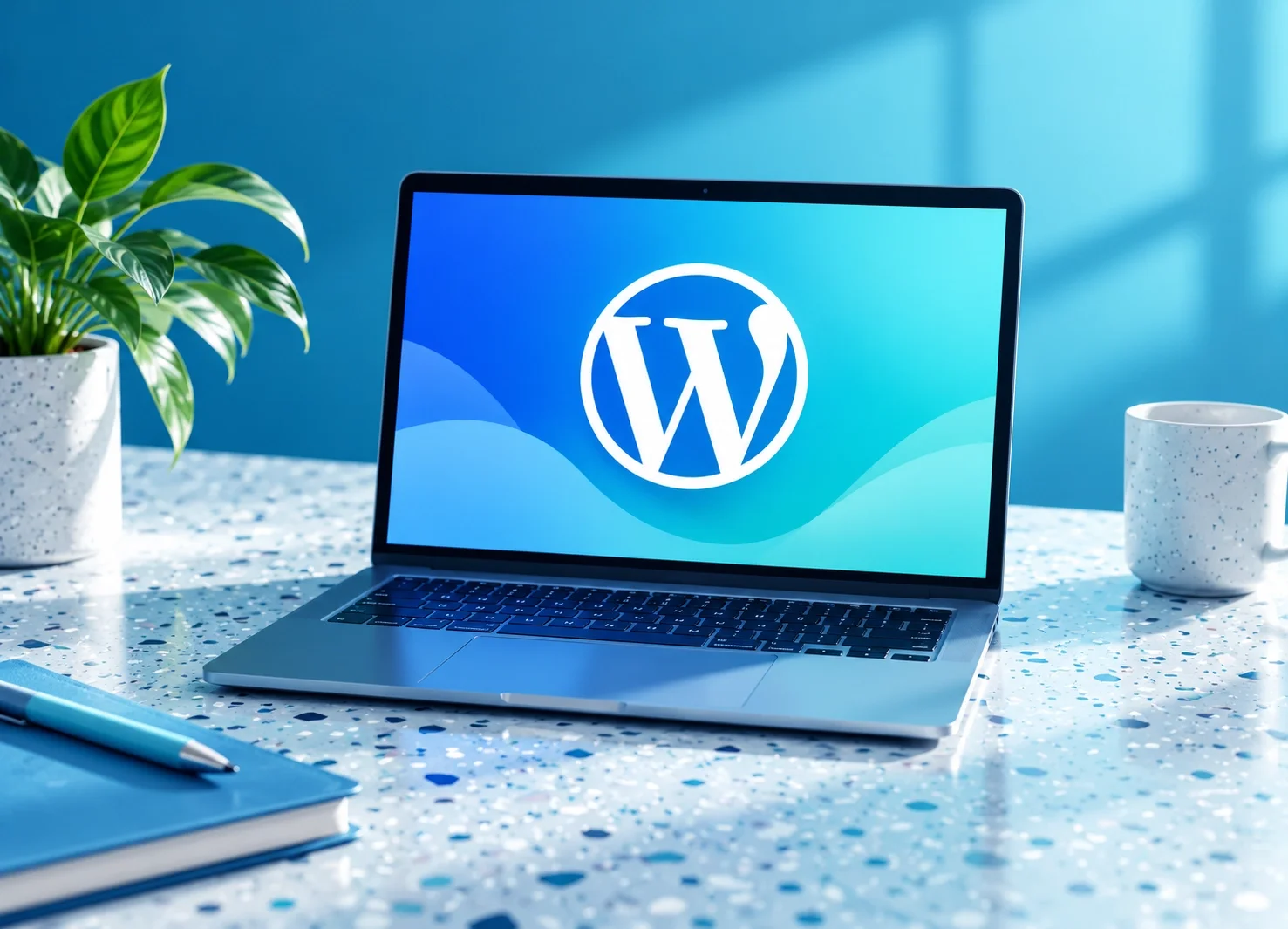 Capture d'écran d'un ordinateur portable affichant le logo WordPress avec une surface de bureau décorée d'une plante, d'un carnet et d'une tasse dans un environnement bien éclairé.