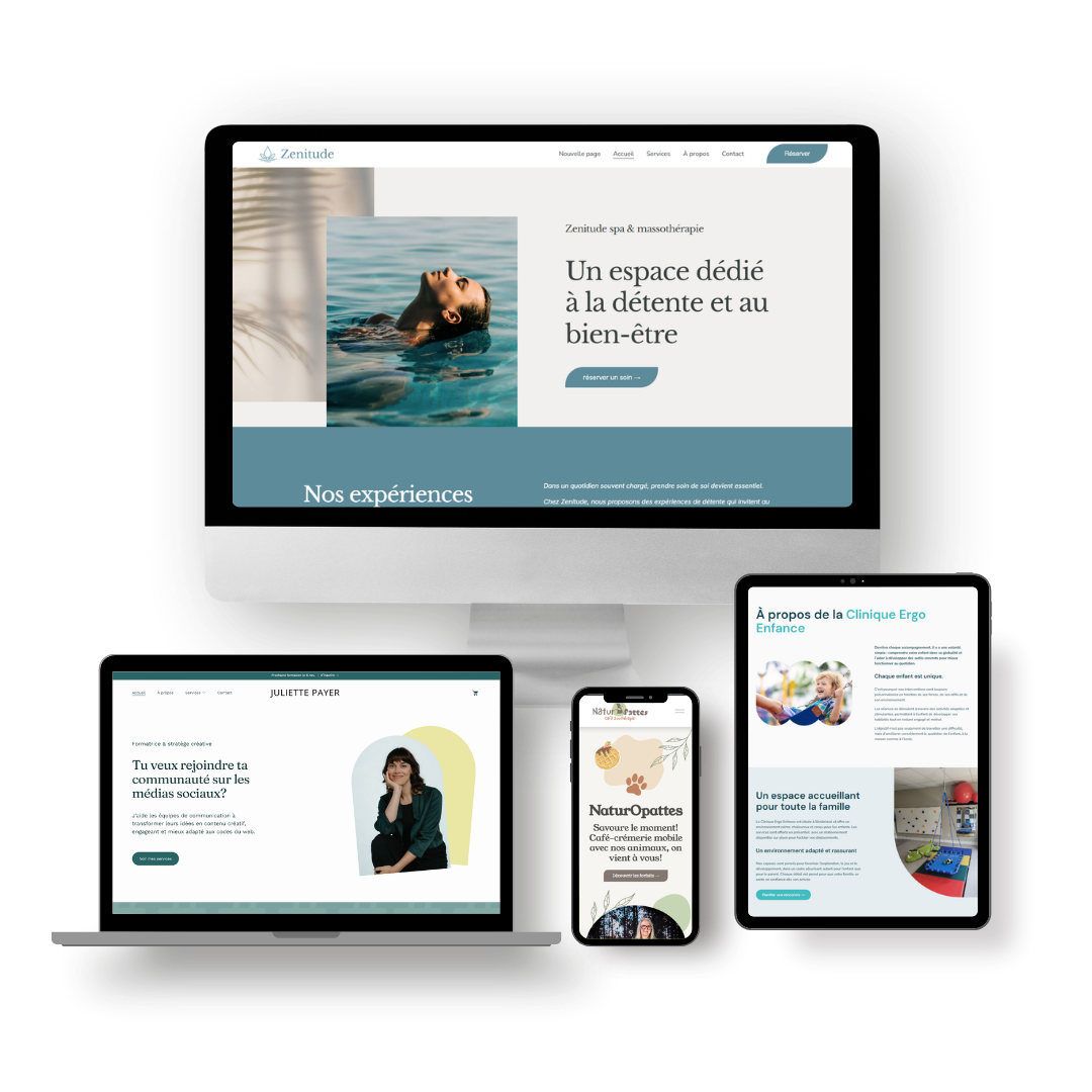 Capture d'écran d'un site web de spa et thérapie, montrant une personne détendue dans une piscine ou un bain à remous, avec des versions du site affichées sur différents appareils : ordinateur de bureau, ordinateur portable, smartphone et tablette.