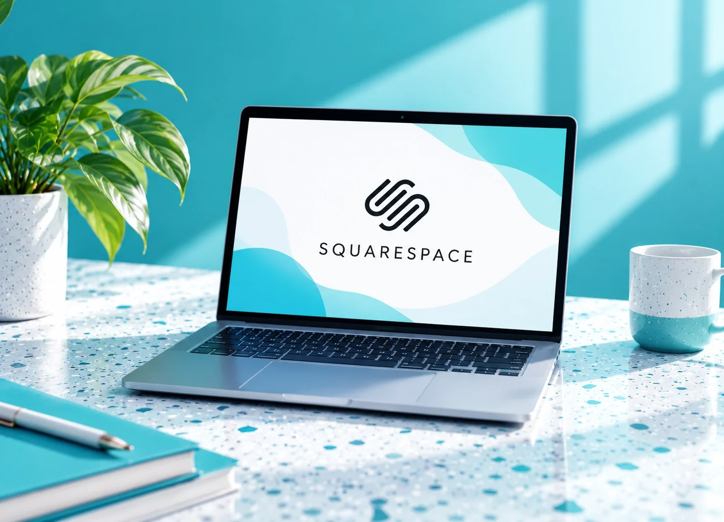 Un ordinateur portable affichant le logo de Squarespace, posé sur une table avec une plante, un carnet bleu avec un stylo, une tasse blanche à pois, le tout dans une ambiance lumineuse avec des ombres de fenêtres.