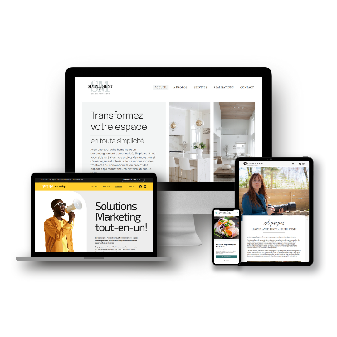 Différents appareils numériques montrant des sites web, incluant une page de design d'intérieur, une plateforme marketing, et un portfolio de photographe