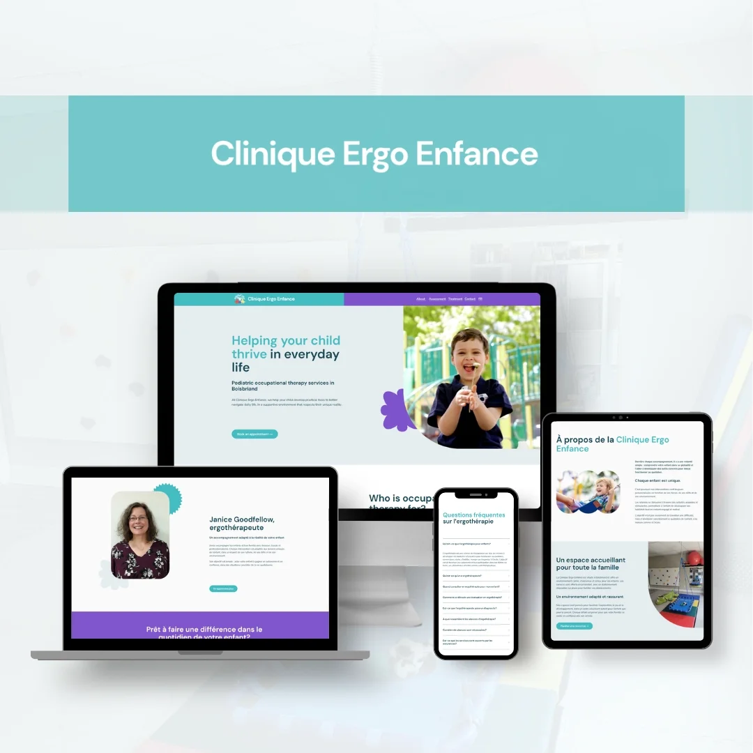Page d'accueil d'un site web pour la Clinique Ergo Enfance, spécialisée en thérapie occupationnelle pédiatrique, montrée sur plusieurs appareils numériques avec un enfant heureux, un thérapeute, et des textes en français sur les services offerts.