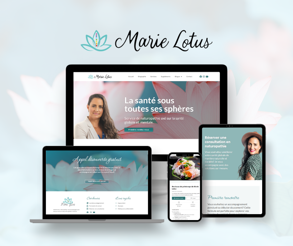 Page de site web Marie Lotus affichée sur plusieurs appareils, avec des images de fleurs de lotus et une femme souriante