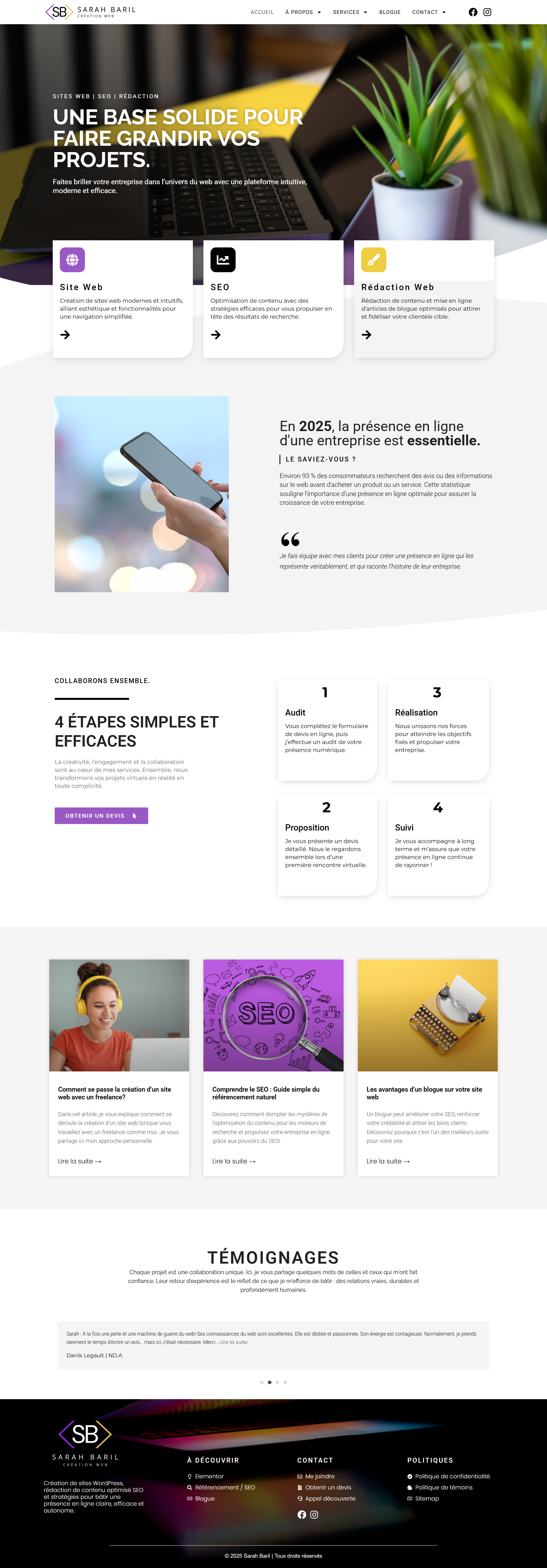 Page d'accueil d'un site web de Sarah Baril, spécialisée en création de sites web, SEO et rédaction web. Inclut une bannière avec un ordinateur portable et des plantes, sections sur les services, un témoignage, et des articles de blog.