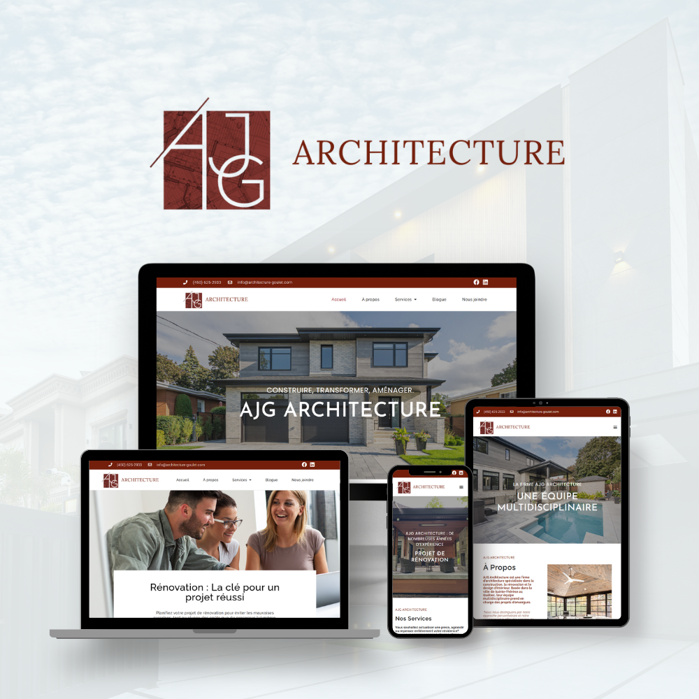 Logo et site web d'architecture AJG Architecture affiché sur différents appareils numériques.