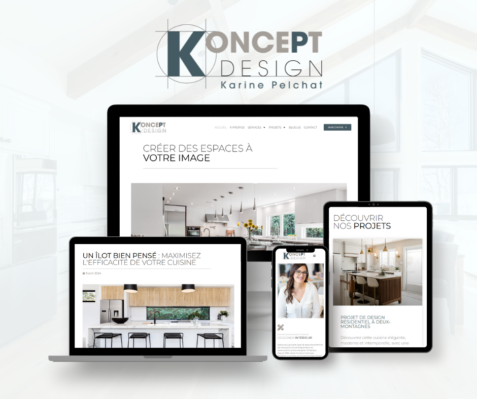 Une conception graphique de site web d'agence d'architecture affichée sur plusieurs appareils : ordinateur portable, tablette et smartphone, dans un espace lumineux.