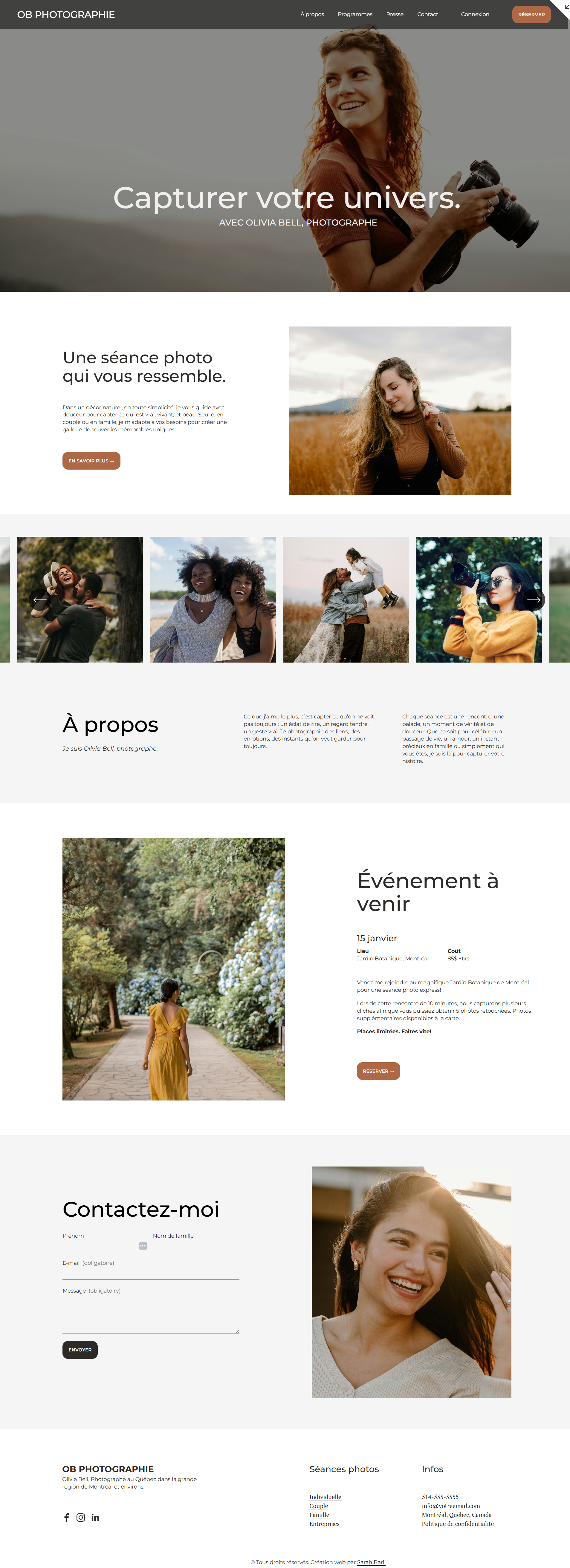 Page d'accueil d'un site web de photographie avec des images de personnes prenant des photos en plein air, et une section contact avec un formulaire. Il y a un menu en haut, un en-tête avec une femme tenant un appareil photo, et diverses sections avec des photos dans des environnements naturels.