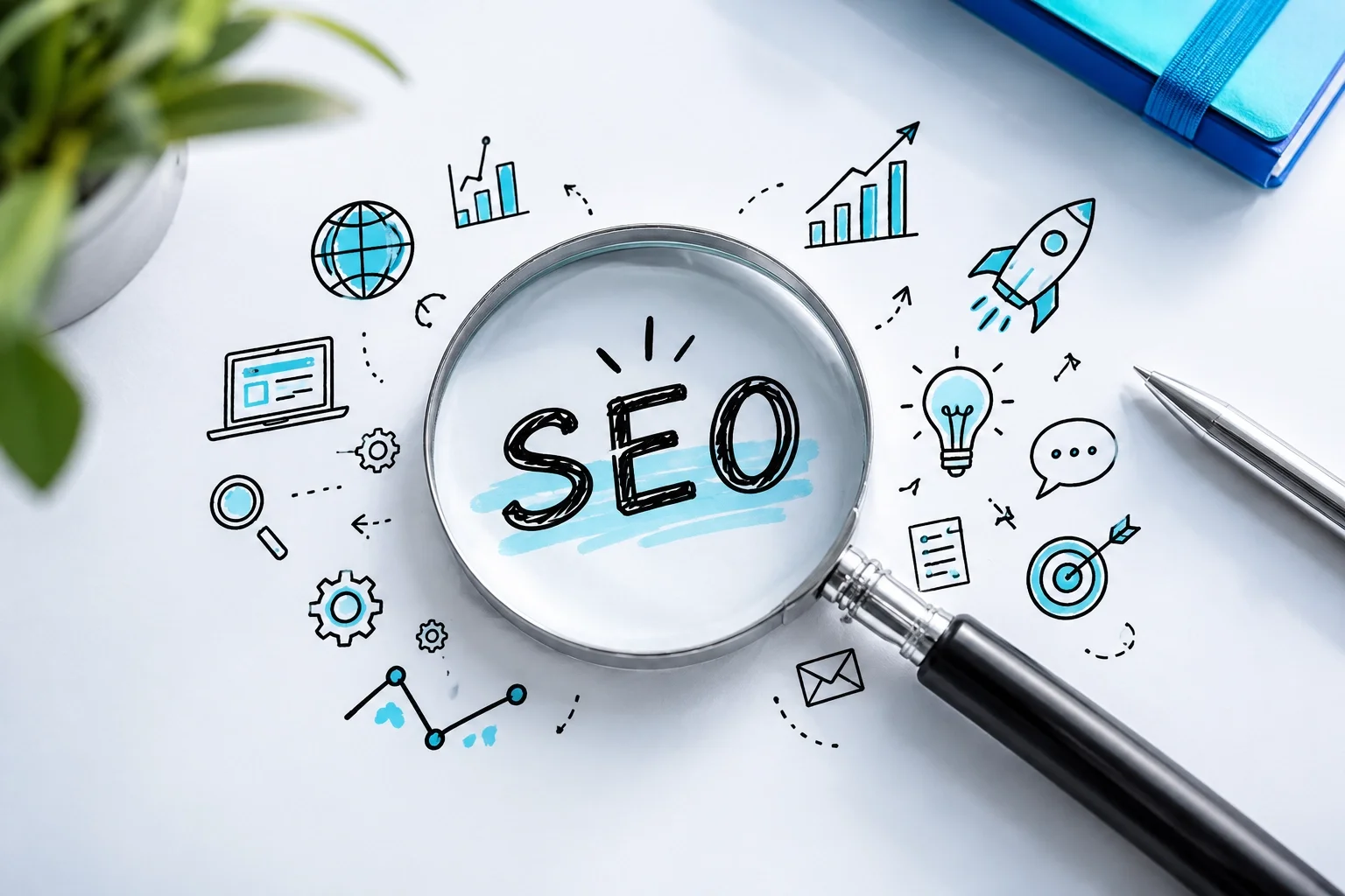 Illustration de SEO avec une loupe, dessins de graphique, globe, ordinateur, ampoule, fusée, cible, et icônes de communication sur fond blanc.