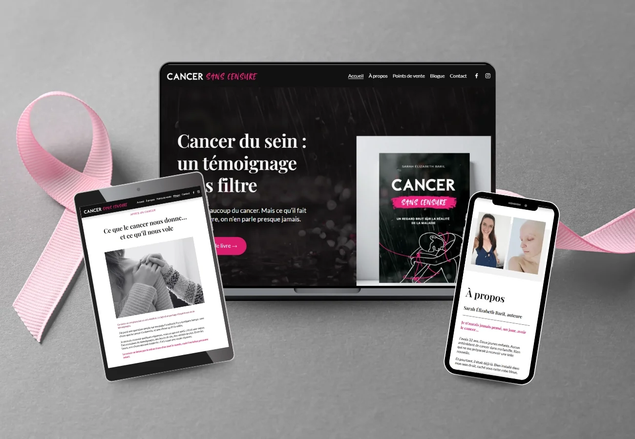Une page web sur le cancer du sein avec un livre illustré et du texte, affichée sur un ordinateur portable, un smartphone et une tablette, avec un ruban rose en arrière-plan.