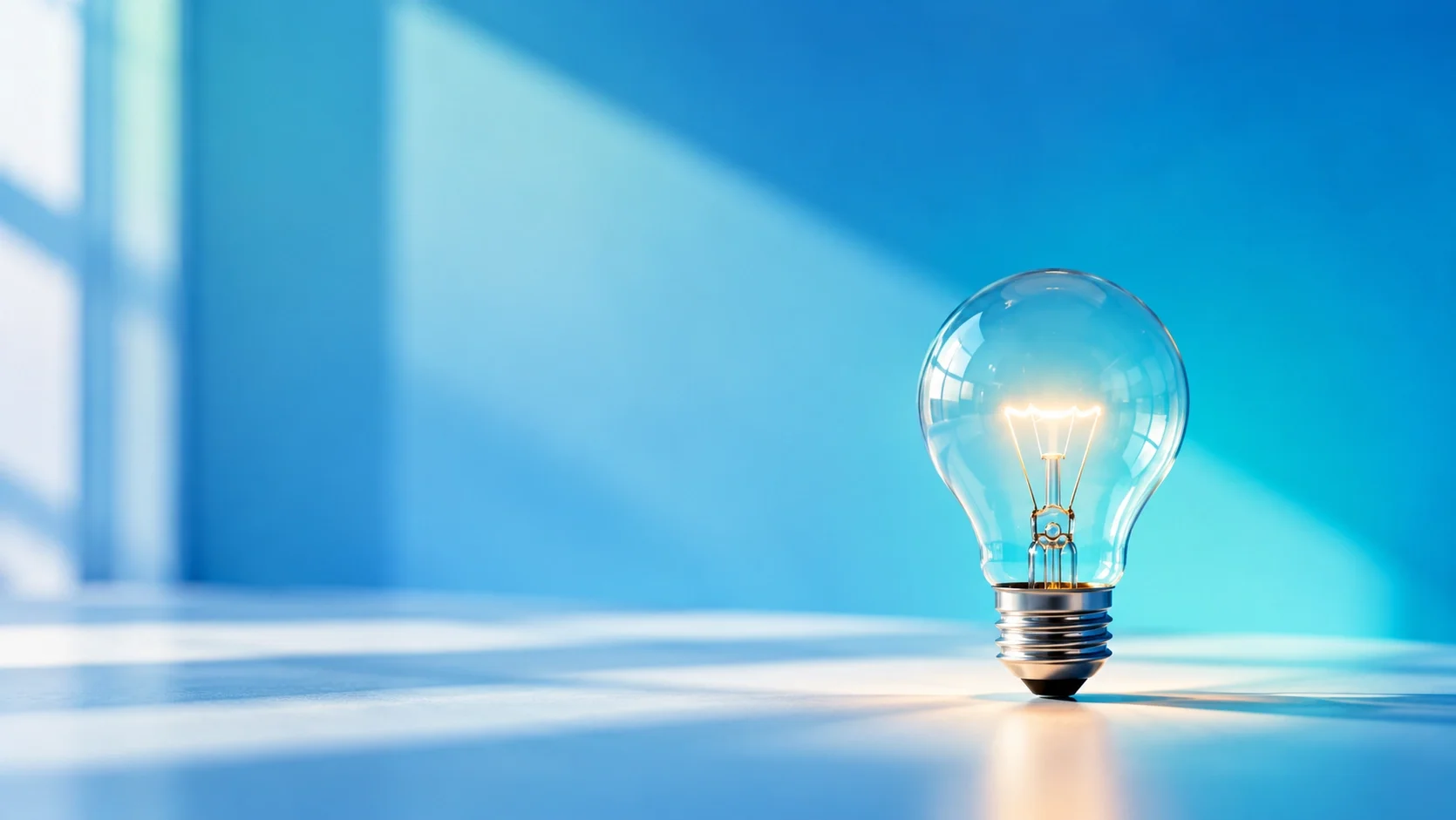 Ampoule électrique allumée sur une surface blanche, avec un fond bleu clair et des rayons de lumière qui créent des ombres douces.