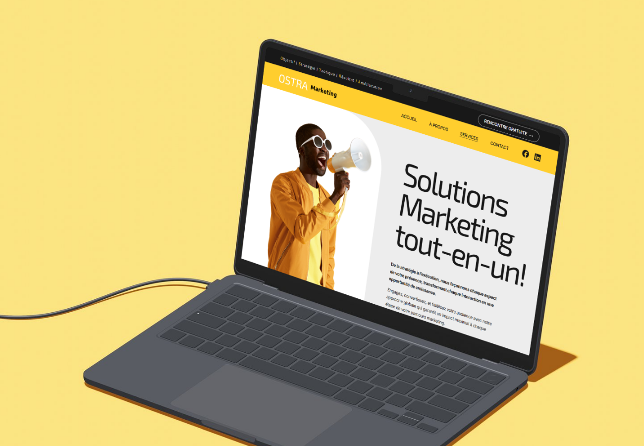 Page d'accueil d'un site web de marketing nommé OSTRA sur plusieurs appareils numériques, mettant en avant divers résultats et valeurs de l'entreprise.