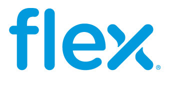 The image shows the word 'flex' in blue lowercase letters with a stylized
