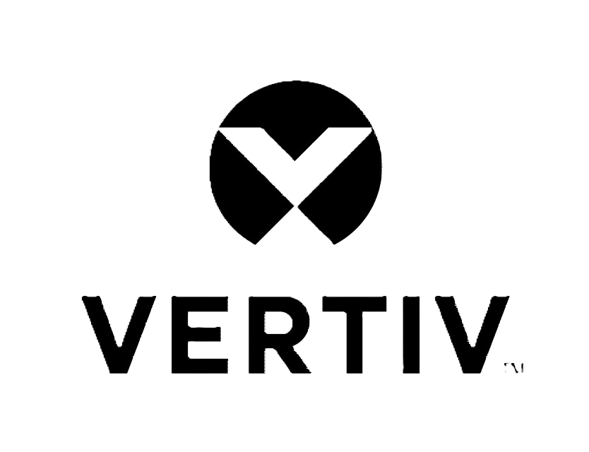 A black background with a white geometric logo resembling a stylized letter 'V' within a circle, and the word 'VERTIV' in capital letters below the logo.