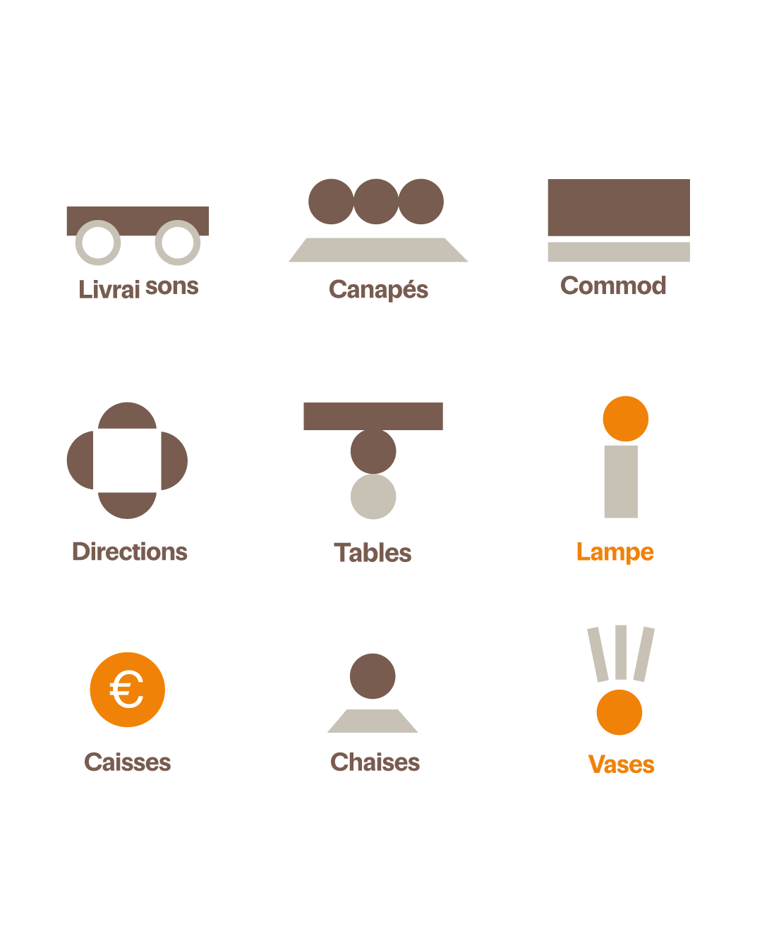 Banque d'icônes pour une entreprise d'architecture d'intérieur, incluant une caisse, des canapés, une commode, des directions, des tables, une lampe, des vases, et des chaises
