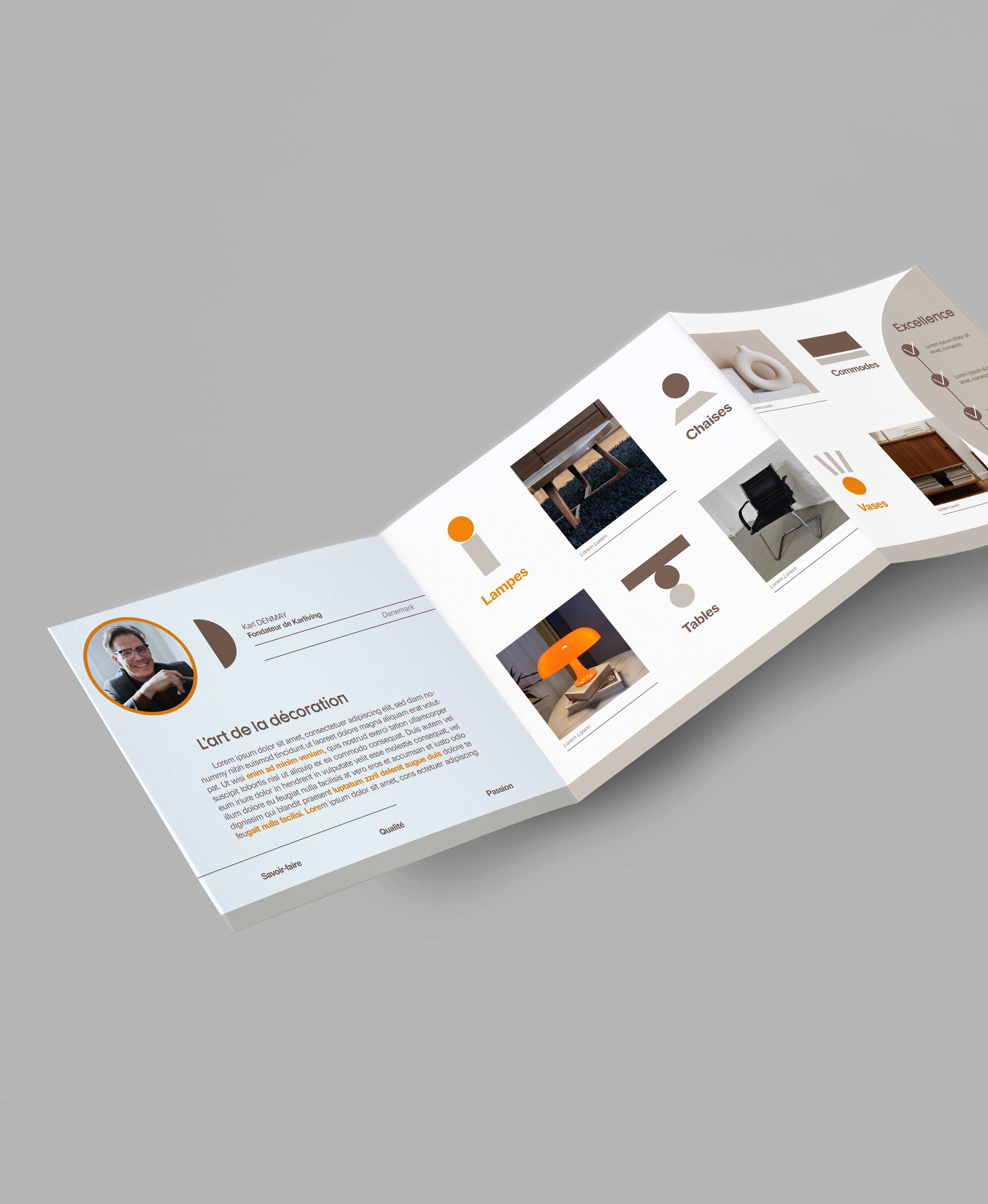 Brochure de décoration intérieure avec sections pour chaises, lampes, tables, et vases, comprenant des images de meubles et une photo de profil d'un homme.