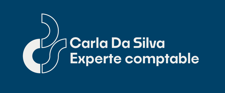 Logo avec un symbole abstrait et géométrique et le texte « Carla Da Silva Experte comptable ». logo blanc sur fond bleu