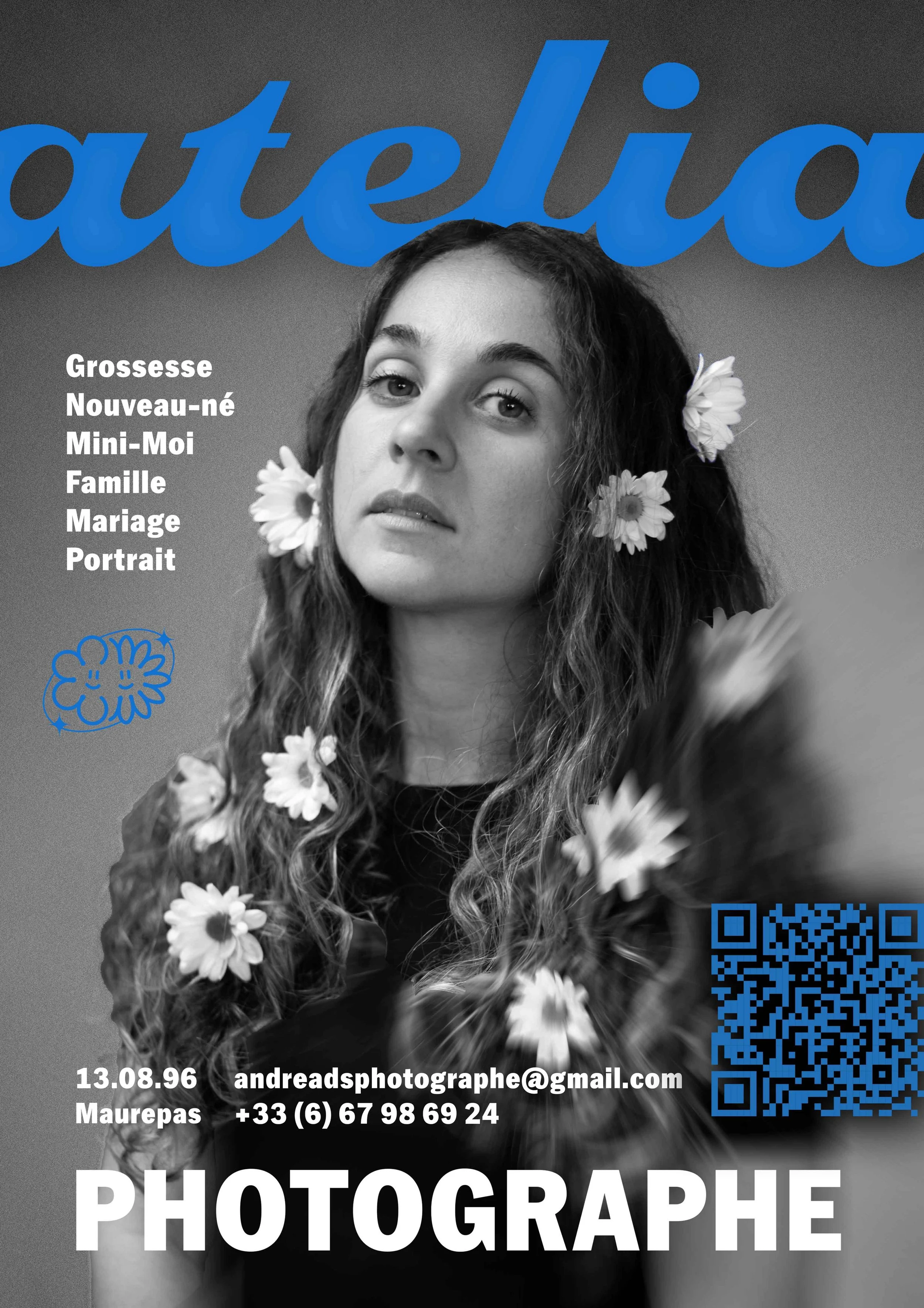 Photo en noir et blanc avec du texte indiquant photo, portrait, mariage, baptême, grossesse