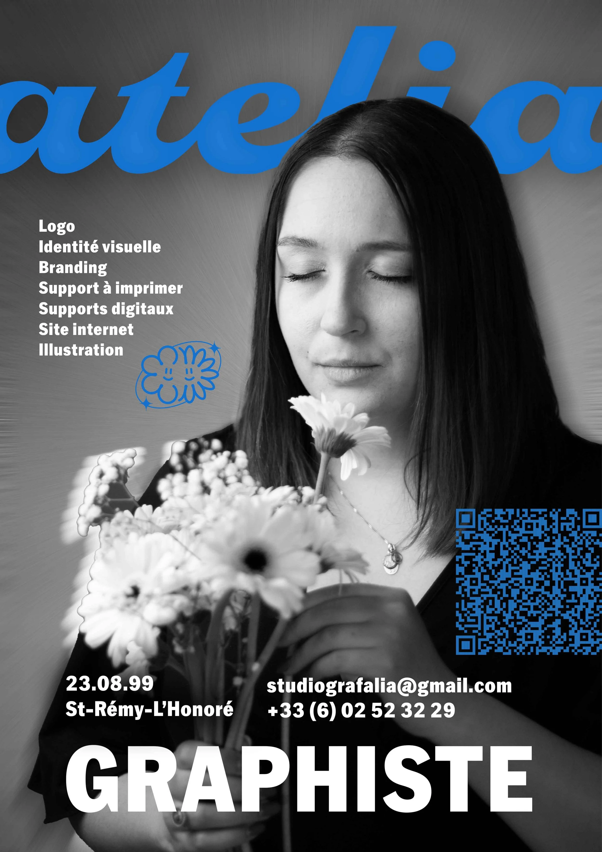 Photo en noir et blanc avec du texte indiquant une offre de services pour un graphiste, comprenant logo, identité visuelle, branding, support à imprimer, supports numériques, site internet, illustration et le titre "GRAPHISTE" en lettres majuscules.