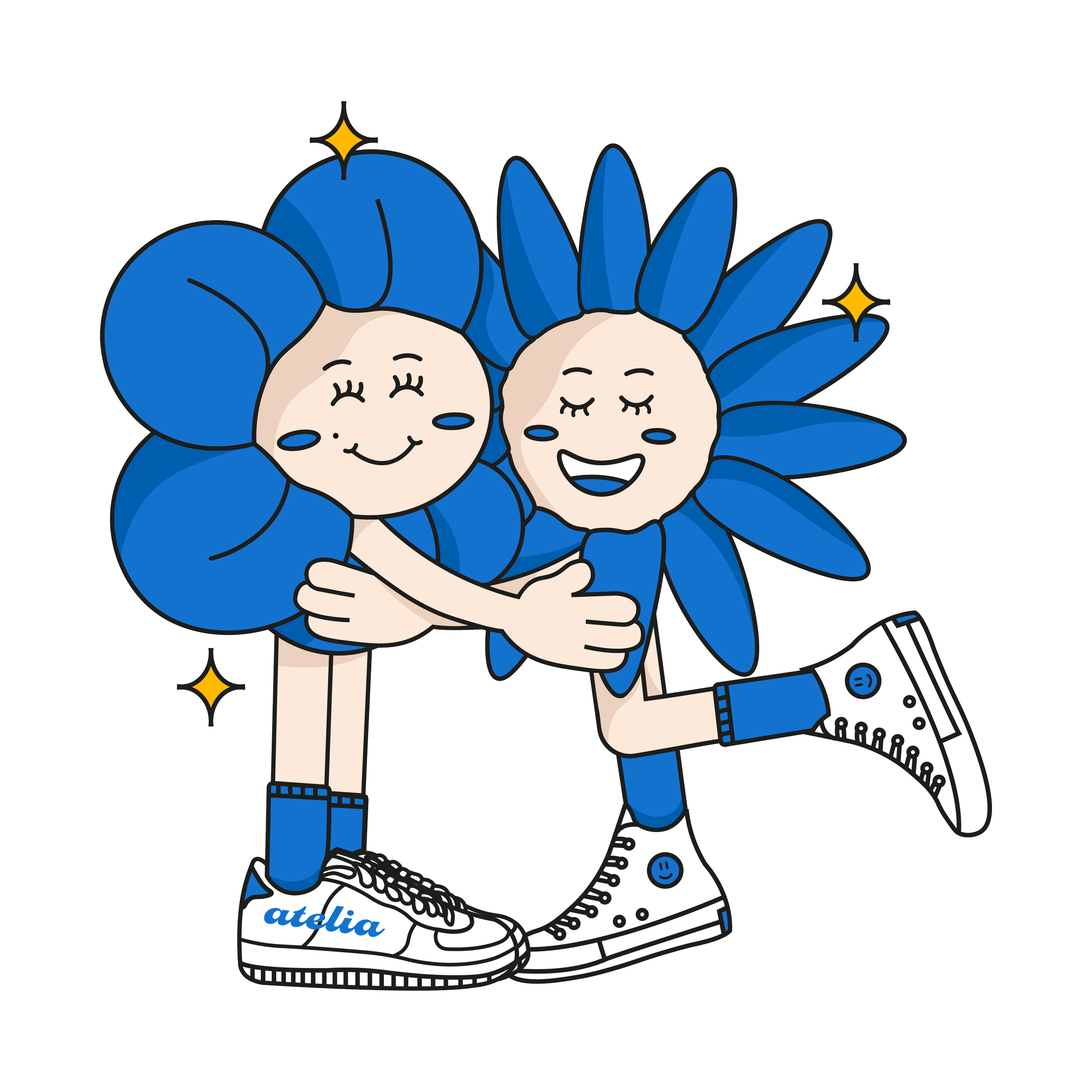 Deux mascottes illustrées, une des têtes en forment de fleurs qui se font un câlin tout en portant des baskets blanches . Les personnages sont souriants, entourés de petites étoiles.
