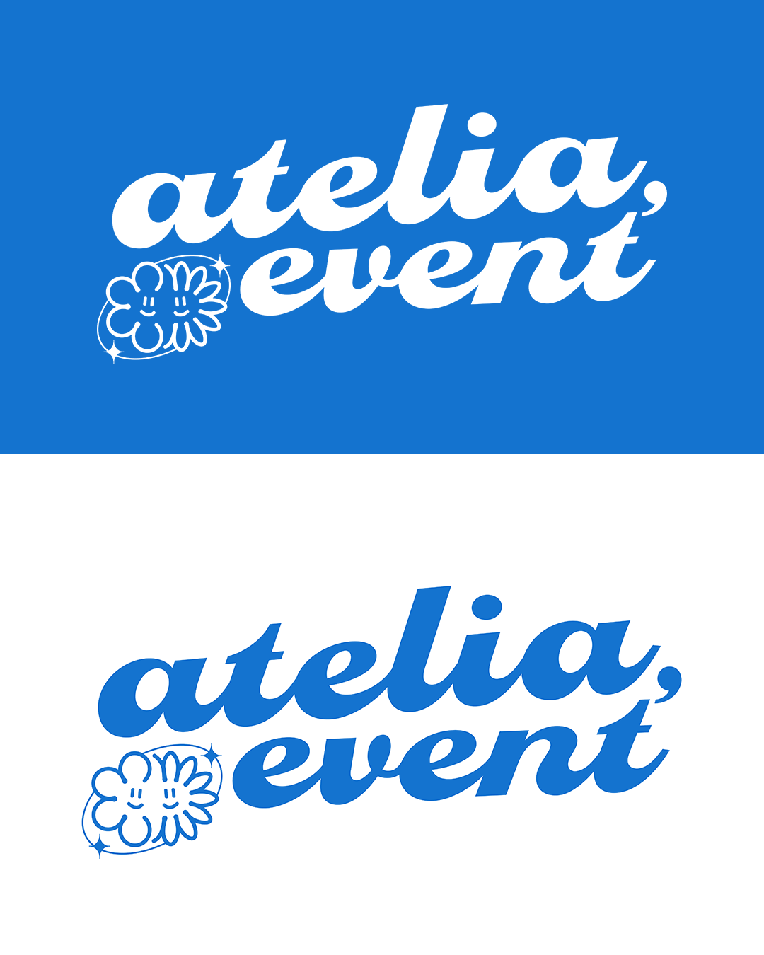 Logo bleu avec le texte « ATELIA EVENT » écrit en blanc dans la partie supérieure et en bleu dans la partie inférieure, accompagnée d'un symbole d'une fleur stylisée avec deux visages souriants, étoiles et éclats.
