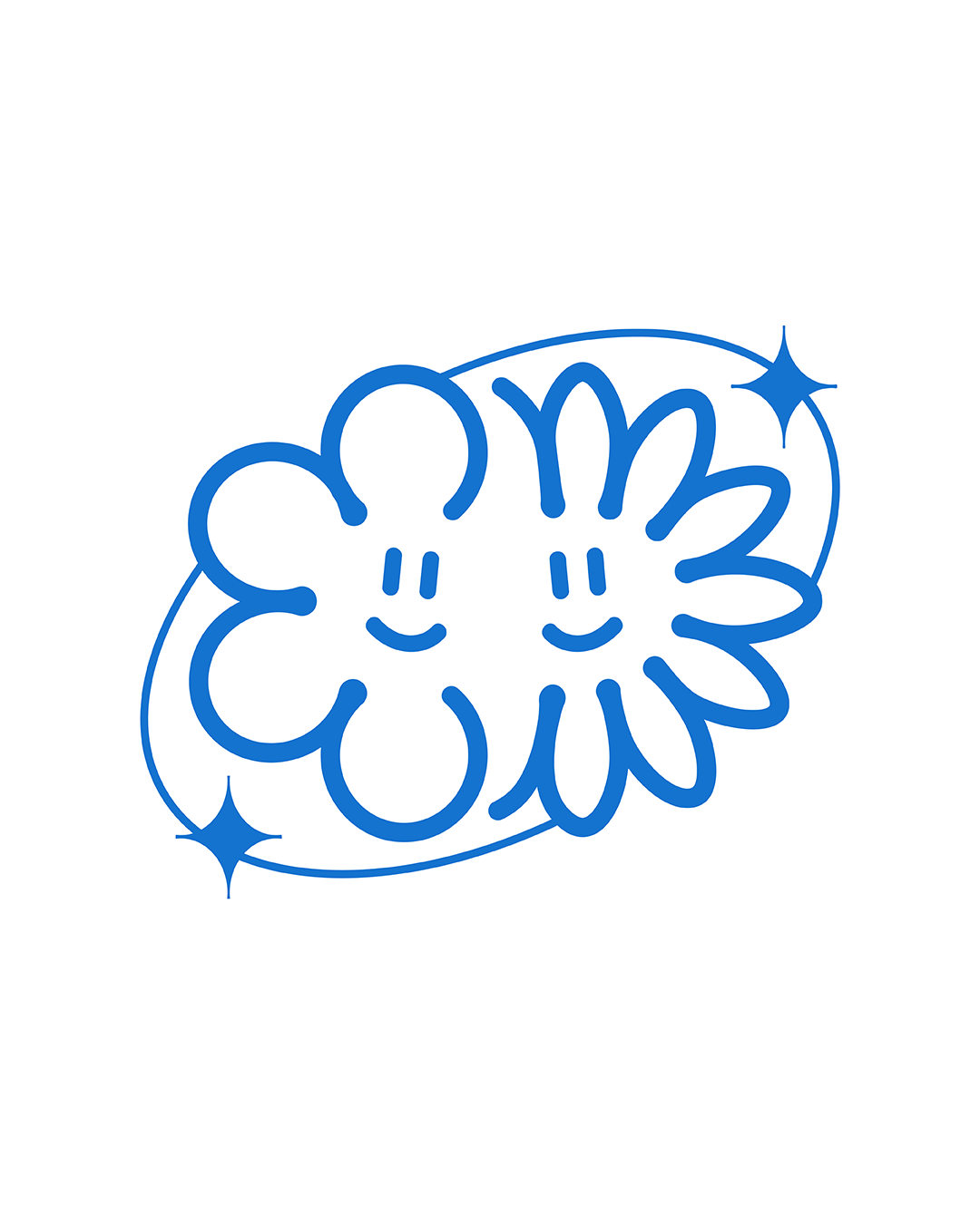 Logo avec un dessin de fleurs et visages souriants, en bleu sur un fond blanc, avec des étoiles brillantes.