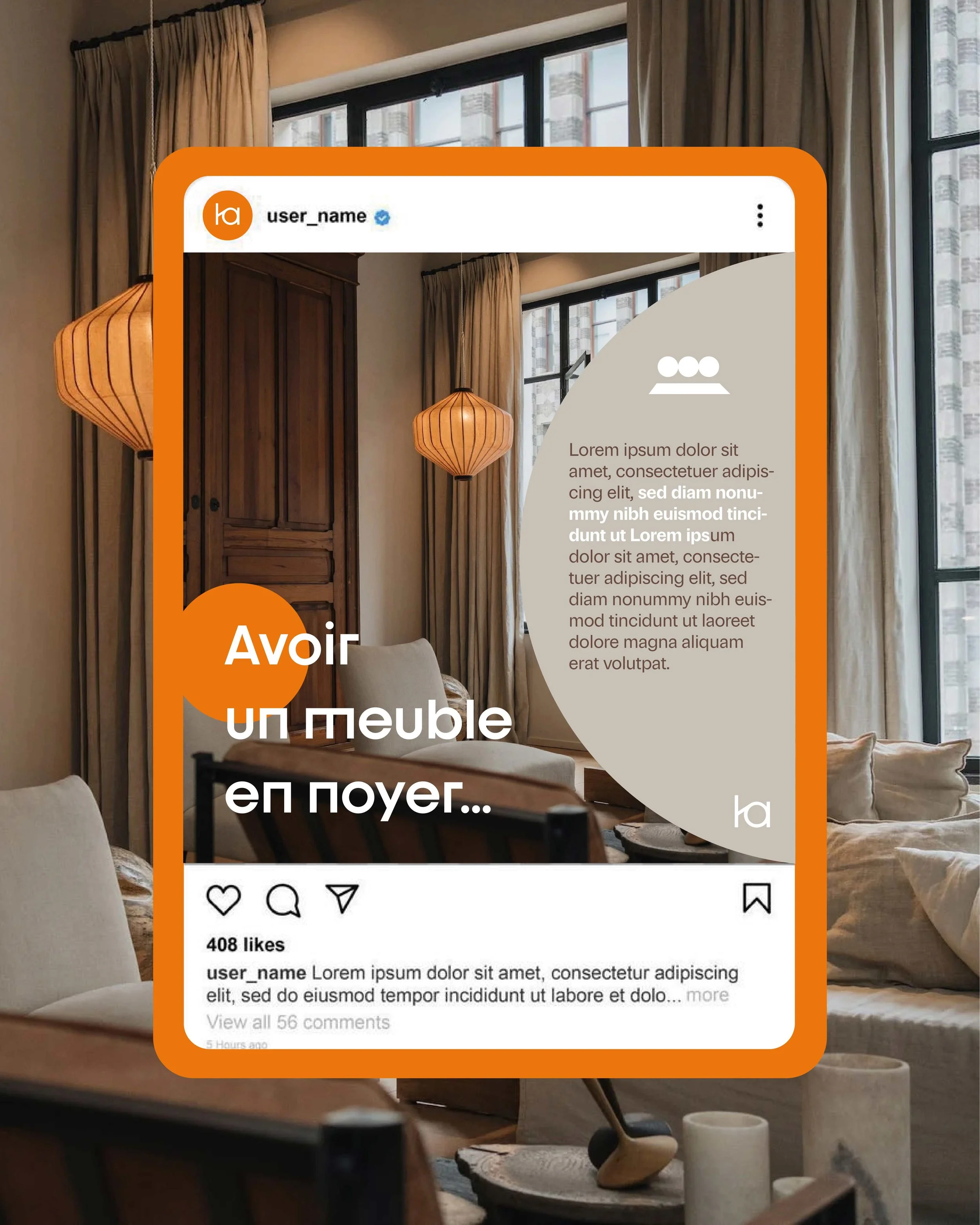 Publication Instagram avec photographie d'un salon design et avec les informations sur le meuble noyer