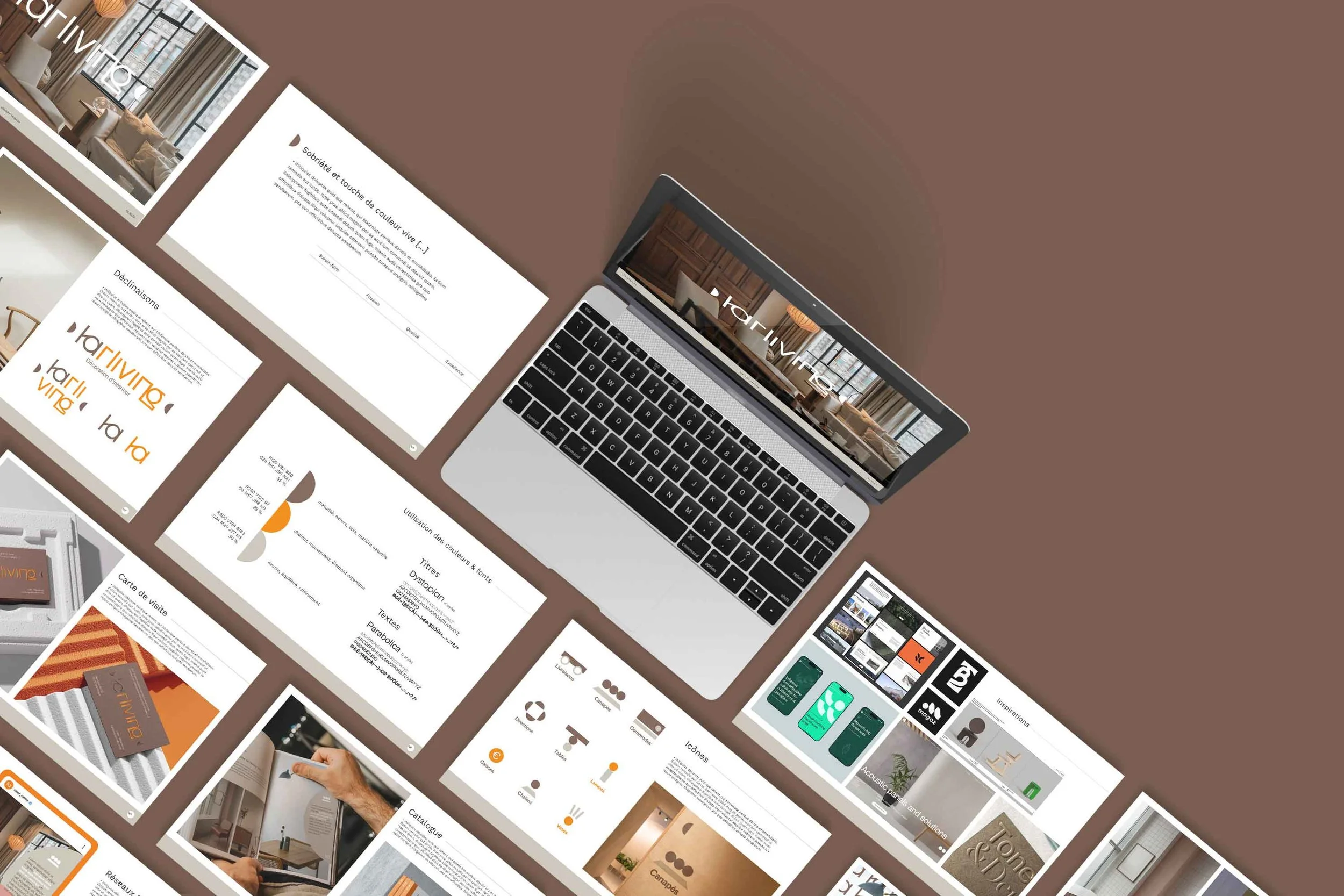 Présentation PDF montrant divers slides, moodboards , plan de design, recherches, stratégie commerciale.