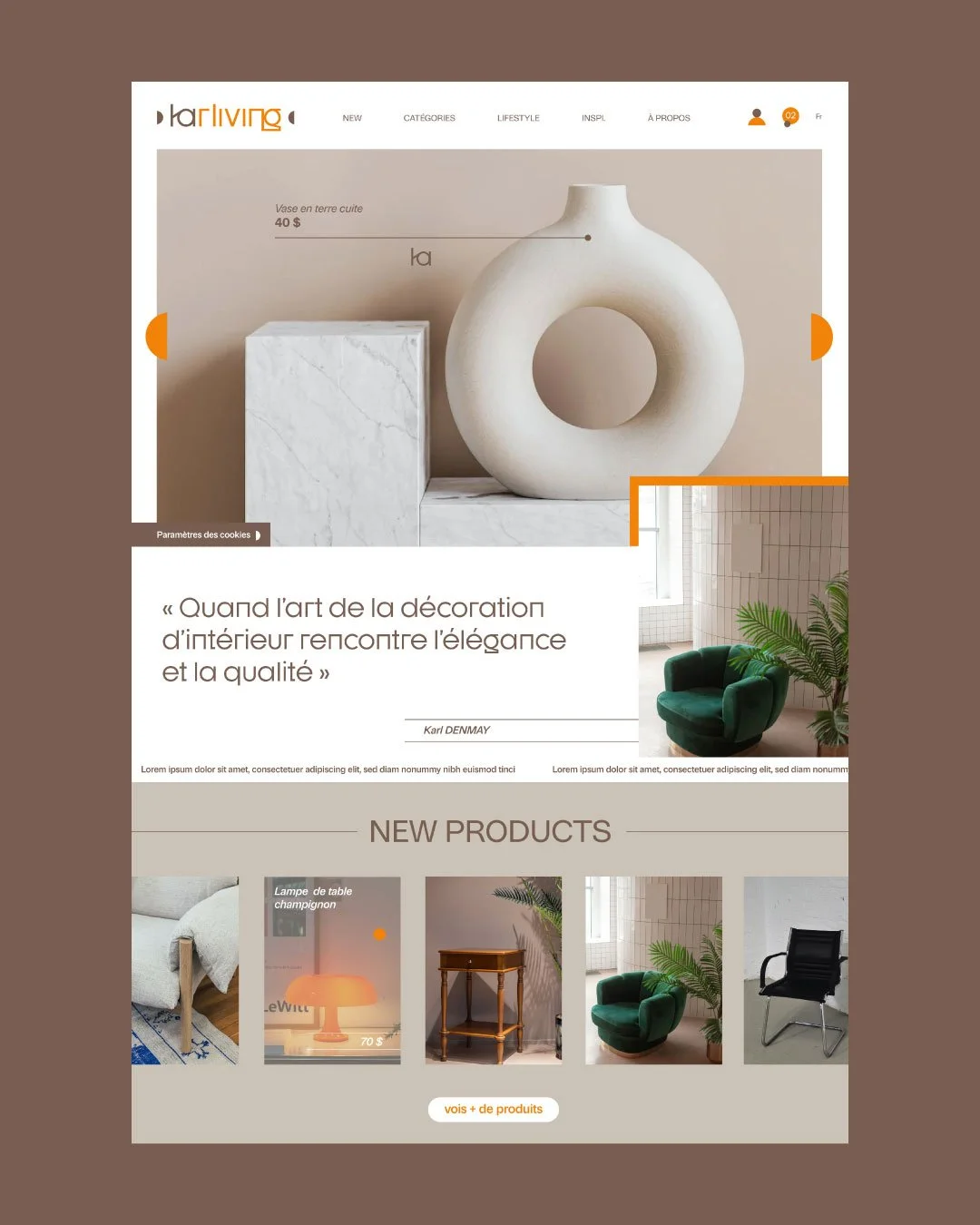 Home page d'un site internet d'une boutique d'une entreprise d'architecture d'intérieure avec des boutons d'actions (CTA), des informations sur les produits de décoration et une bannière animée.