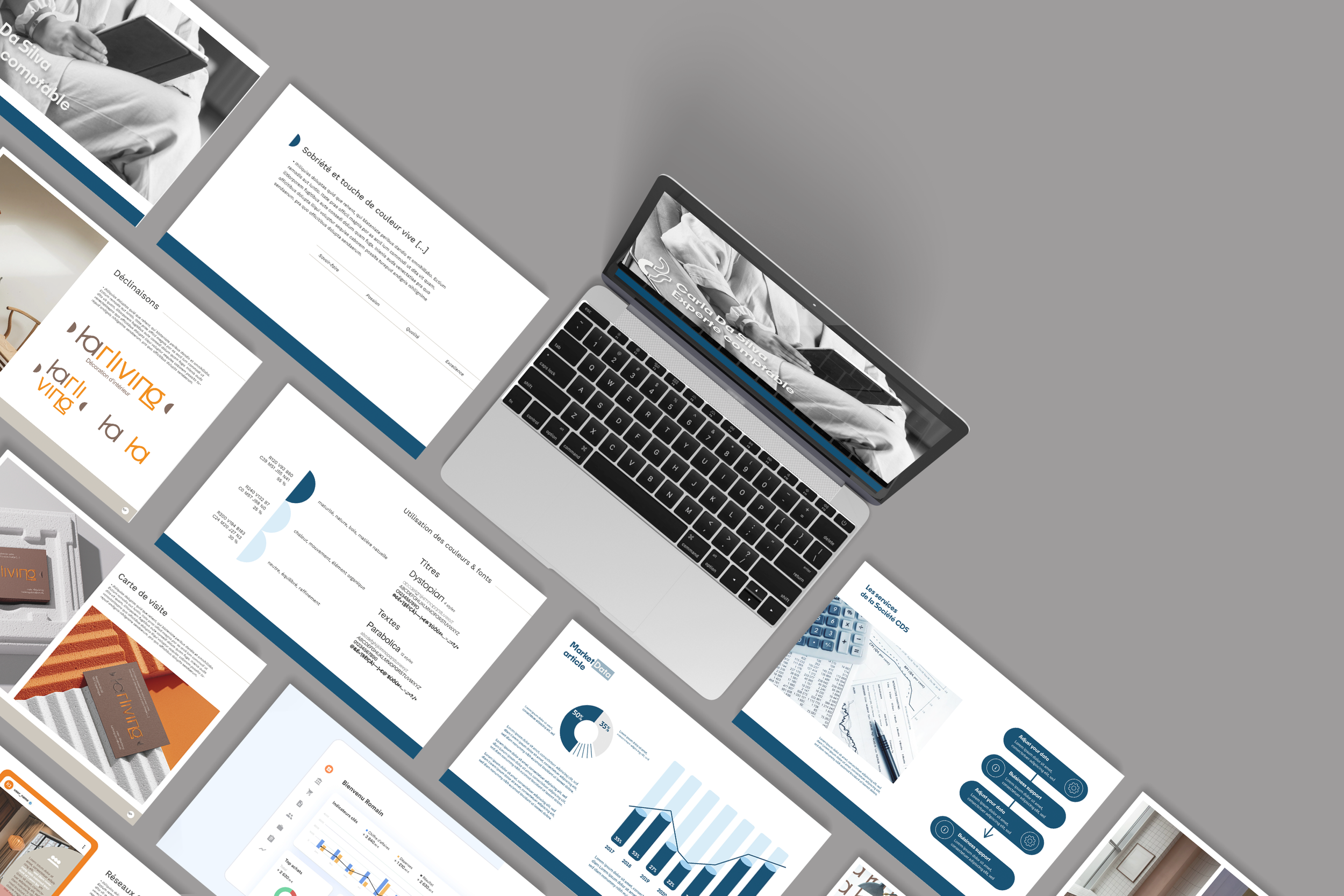 Présentation PDF affichant des diapositives et des textes, entouré de plusieurs autres écrans avec des présentations, des graphiques et des documents, sur un fond gris.