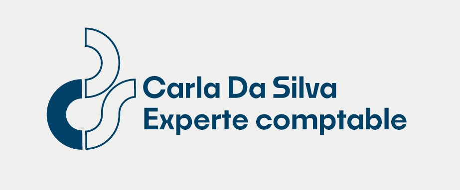 Logo avec un symbole abstrait et géométrique et le texte « Carla Da Silva Experte comptable ». logo bleu sur fond gris