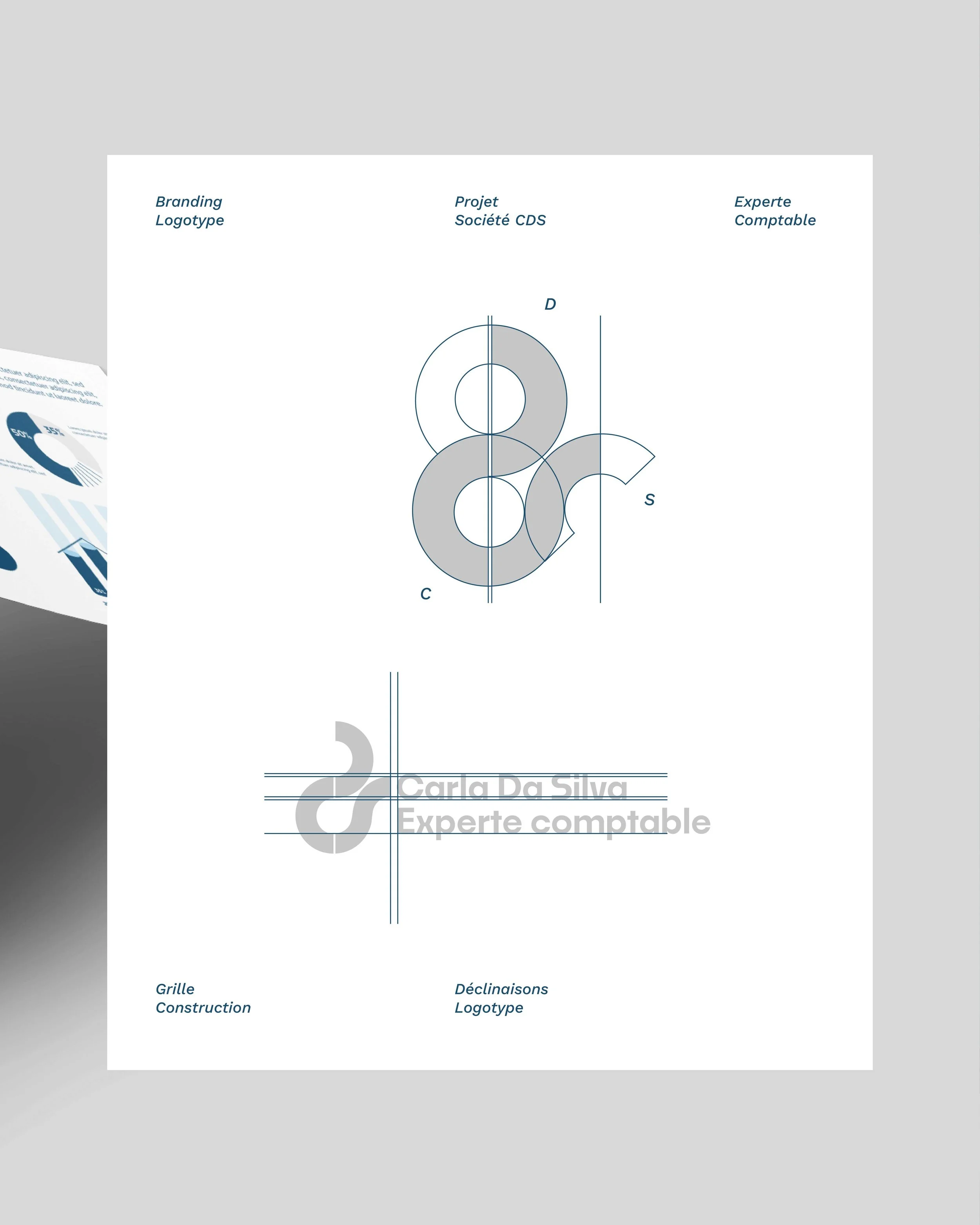 Grille de construction d'un logo avec un symbole de formes géométriques et texte indiquant le nom Carla Da Silva, experte comptable, avec des annotations en français sur la construction et la décomposition du logo.