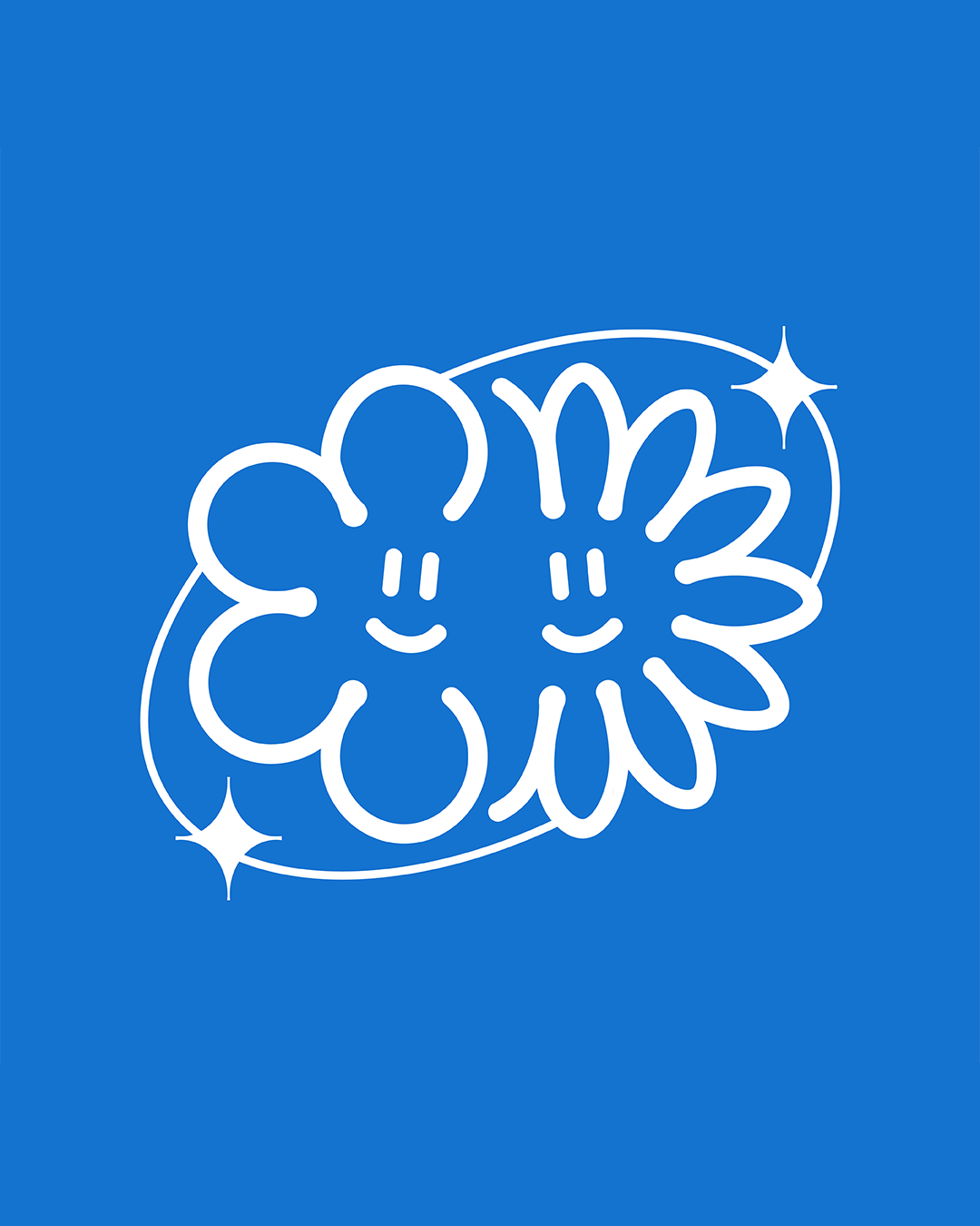 Logo avec un dessin de fleurs et visages souriants, en blanc sur un fond bleu, avec des étoiles brillantes.