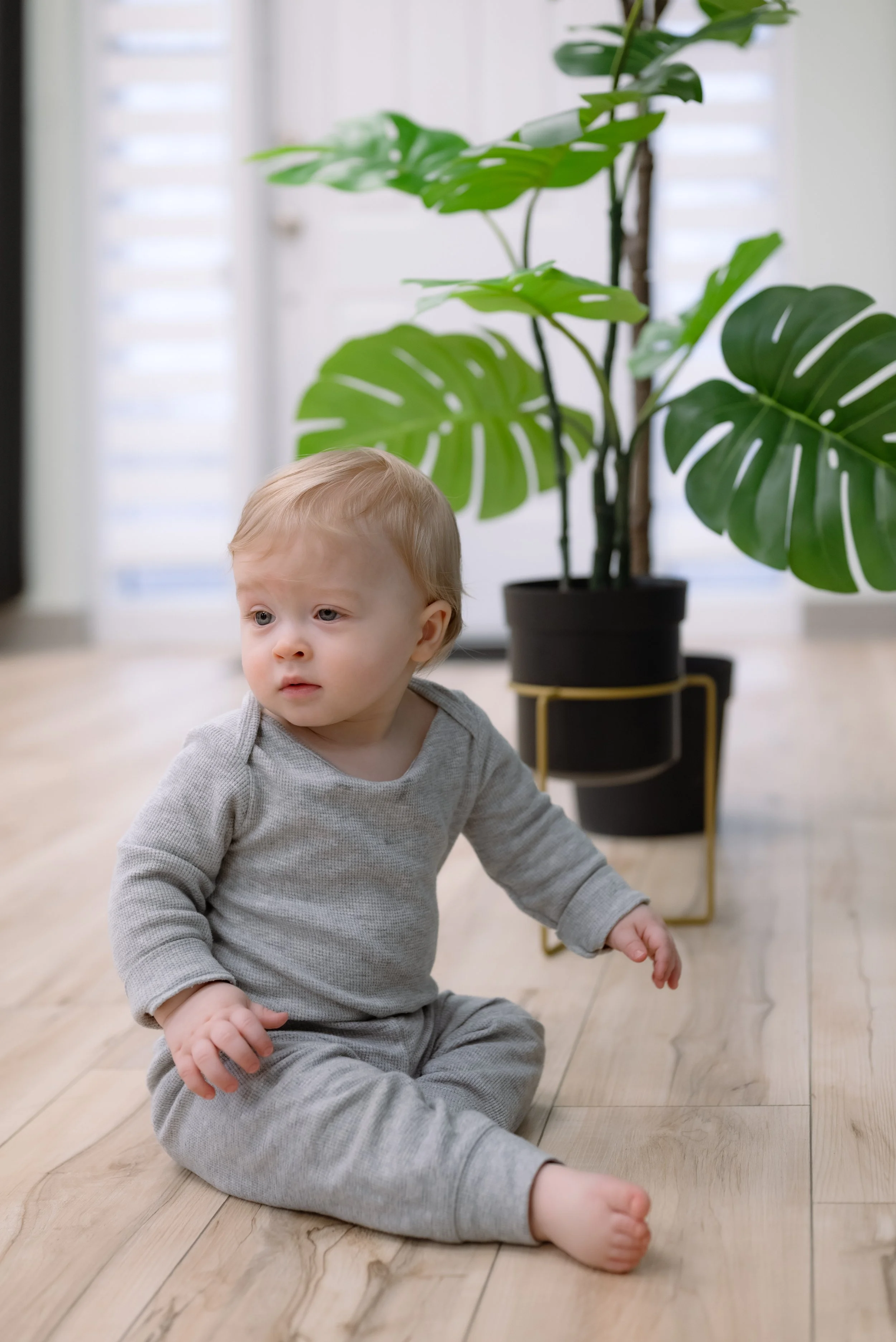 Toddler in Nurture 360 playroom during pediatric milestone screening in Windsor, sitting near a potted plant with curious expression.