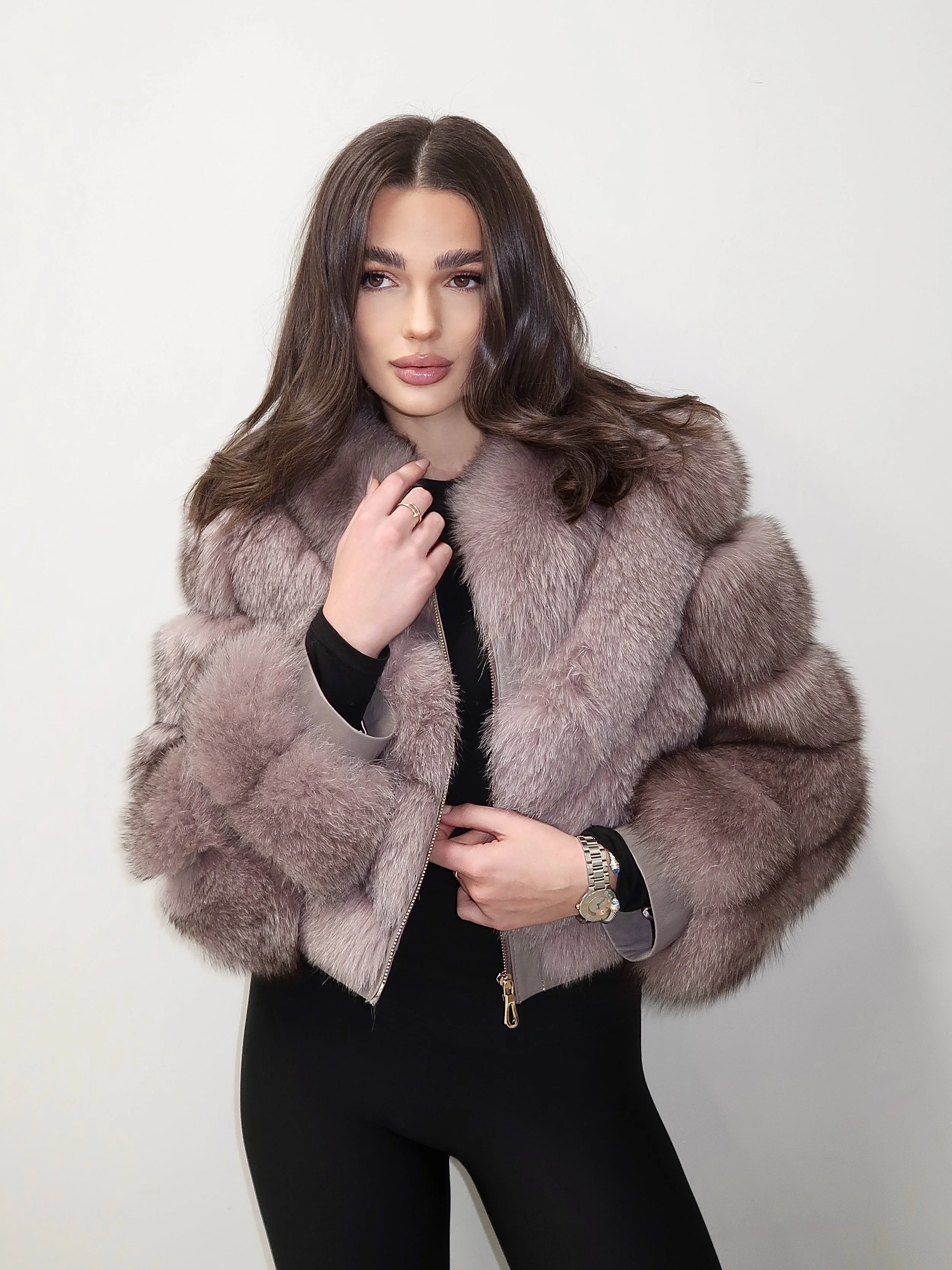 Classic 2in1 Fox Fur Coat Light Grey