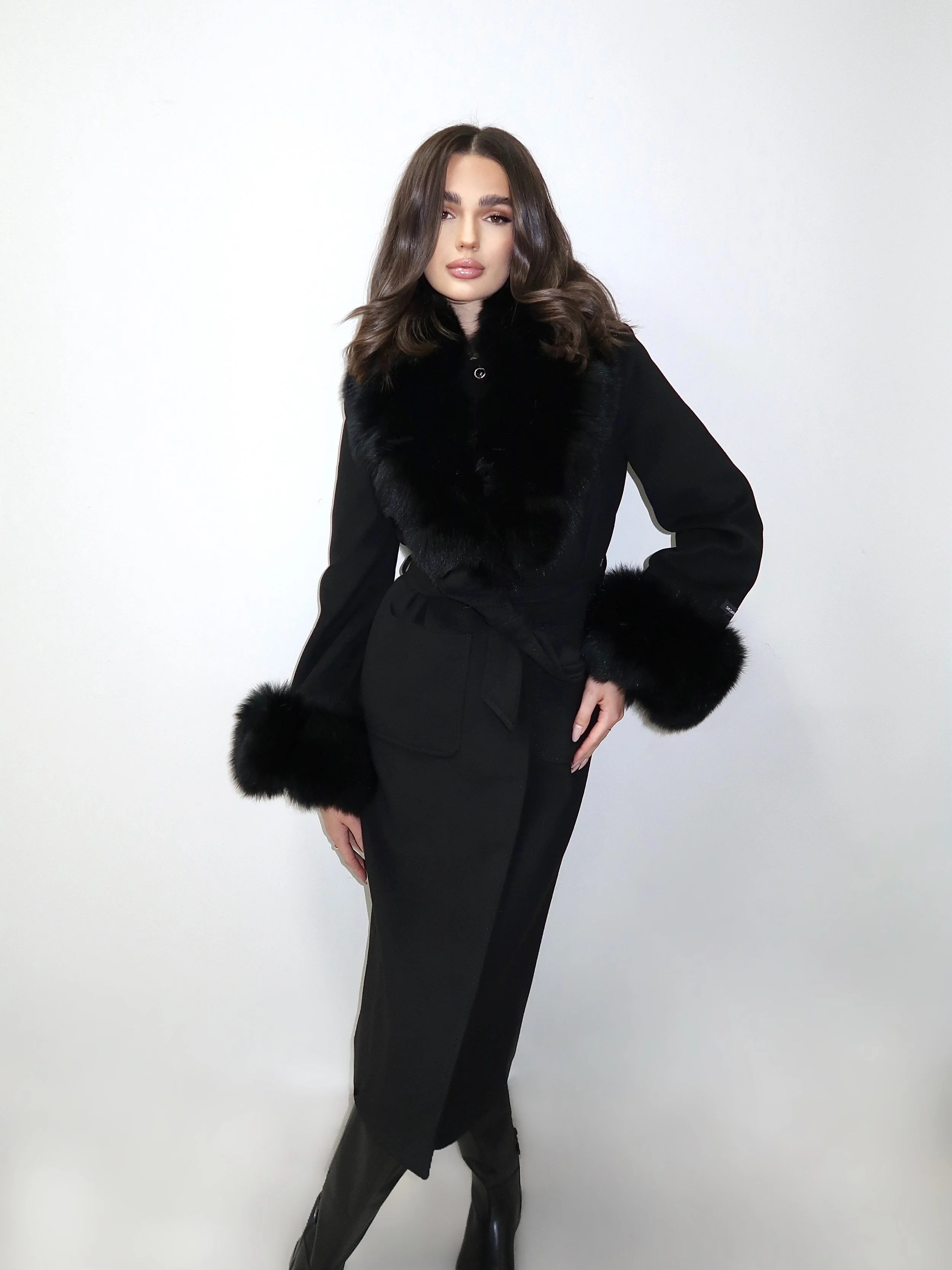 Black Cashmere Fox Trim Long Coat