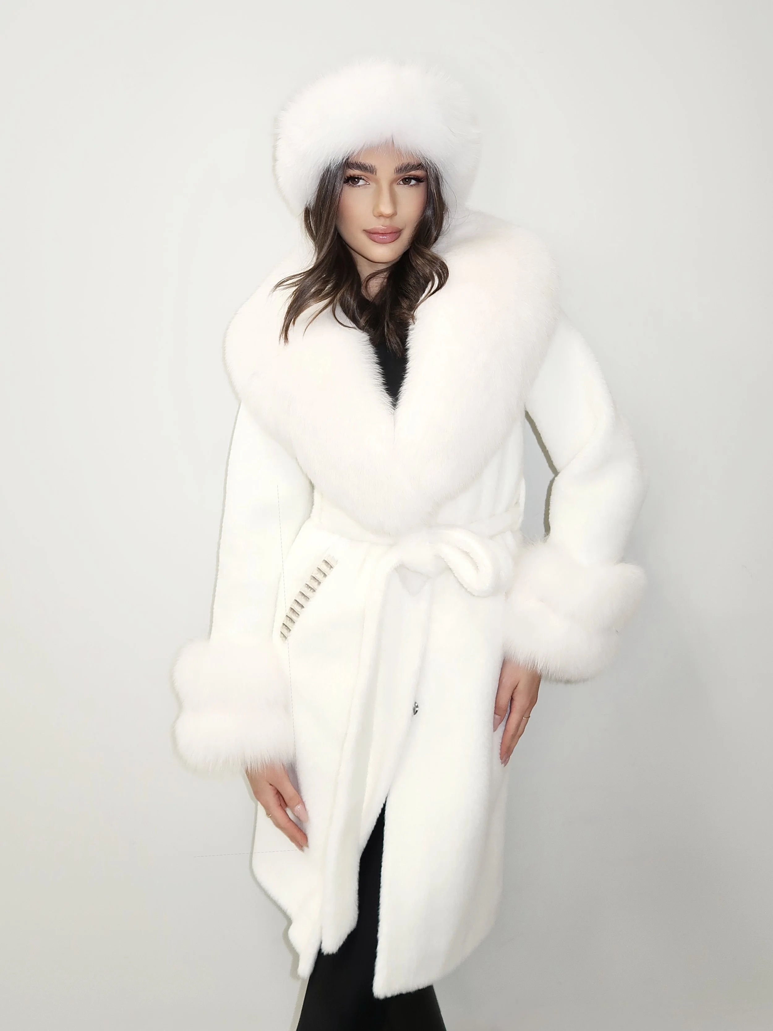 White Alcantara Coat with Fox Fur
