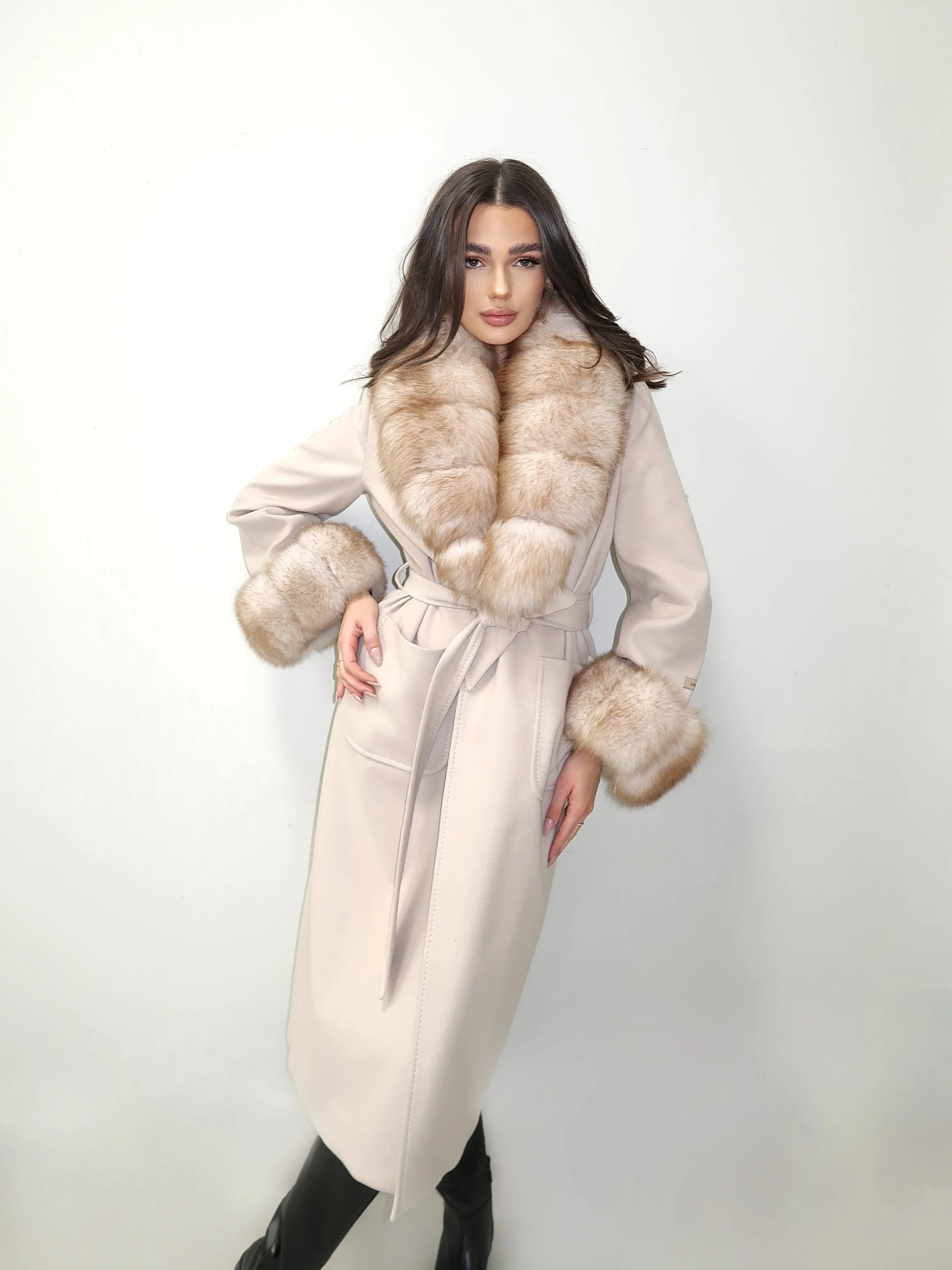 Cream Cashmere Fox Trim Long Coat