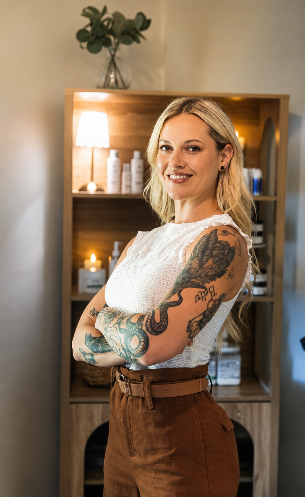 A smiling woman with tattoos on her arms and blonde hair, standing with arms crossed in front of a wooden shelf with skincare products, candles, and a small lamp in a cozy room.