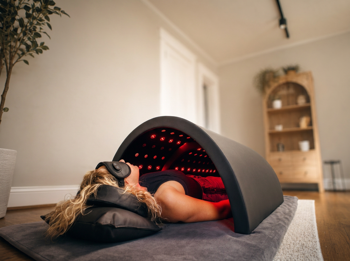 A woman lying on her back inside a red light therapy cap, with her head on a pillow, in a cozy room with a wooden bookshelf in the background.
