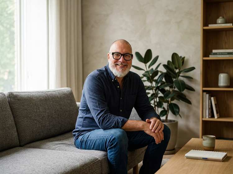 A smiling man with glasses, a beard, and a bald head, sitting on a gray sofa in a living room decorated with a houseplant, a wooden bookshelf, and a coffee table with a notebook and a mug.