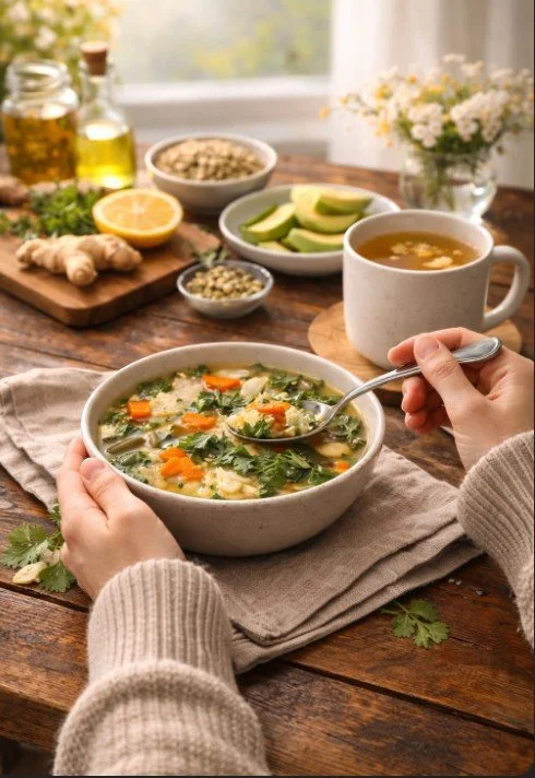 Person holding a spoon in a bowl of vegetable soup with carrots, celery, and herbs on a rustic wooden table. Surrounding are a cup of soup, sliced avocado, lemon half, ginger root, bowls of seeds and grains, jars of oil, and a vase of white flowers.