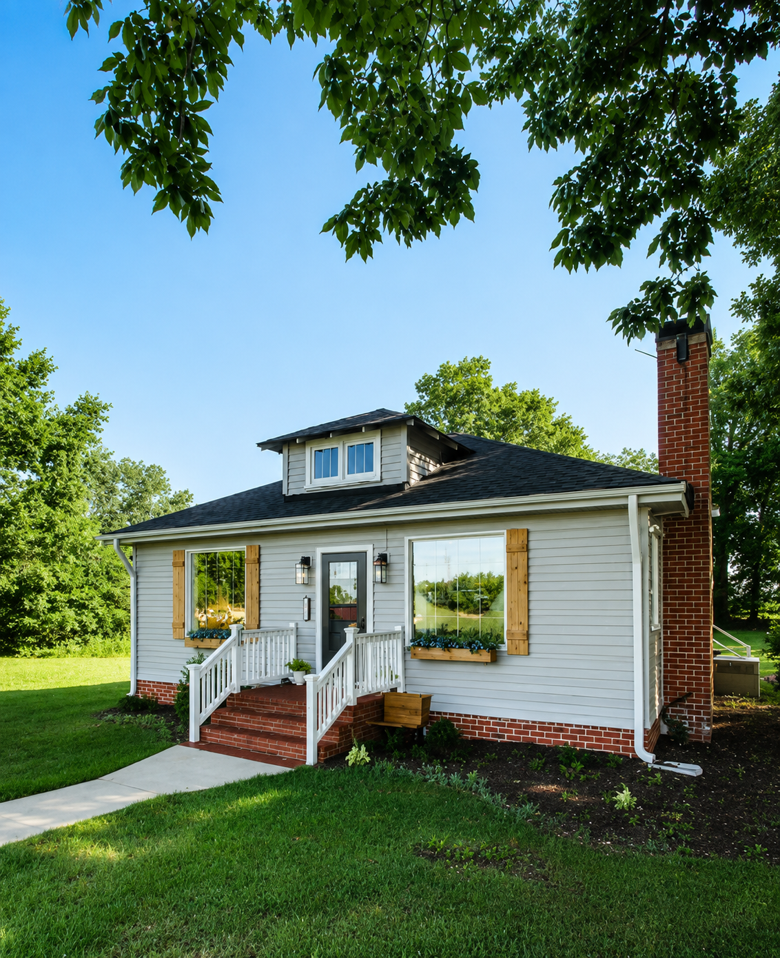 A charming suburban house with white siding, brick foundation, and wooden shutters, situated in a lush green yard with trees and clear blue sky in the background.