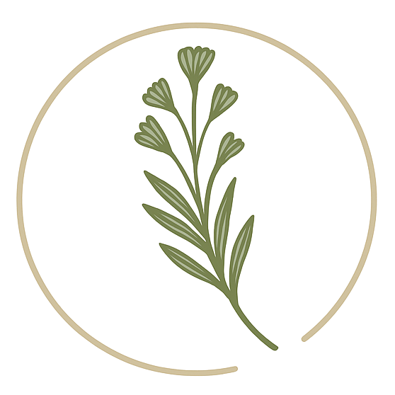 A minimalist illustration of a green plant with multiple small fan-shaped leaves inside a beige circle on a black background.
