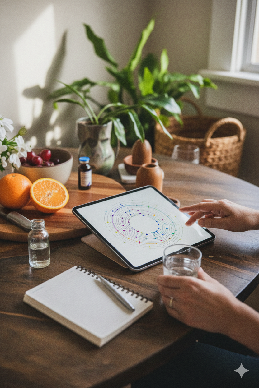 Person using a tablet with a colorful circular pattern on a wooden table, surrounded by fruits, a notebook, a glass of water, and houseplants in a cozy, well-lit room.