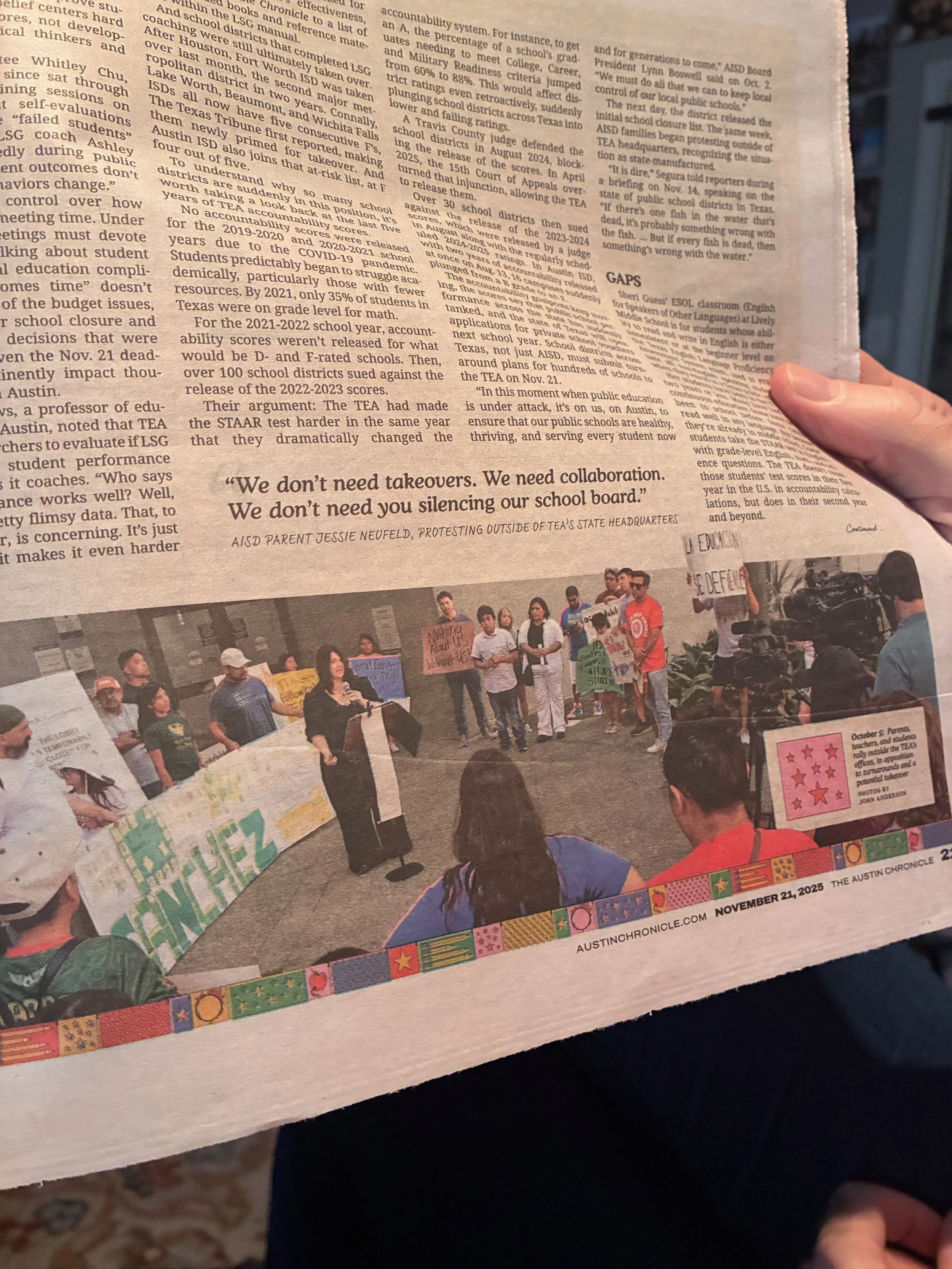 Co-founders Heather Wong and Jessie Neufeld featured in the Austin Chronicle — Heather is pictured addressing the Texas Education Agency in opposition to TAP restarts, and Jessie quoted: "We don't need takeovers. We need collaboration. We don't need 