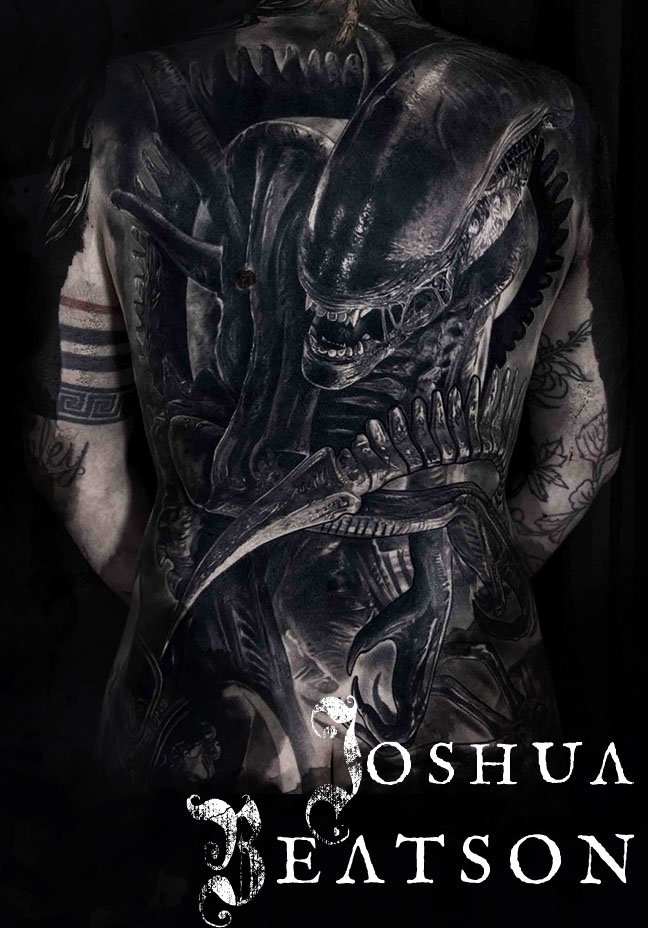 A person's back tattoo featuring a detailed, dark-themed illustration of a creature with sharp teeth and an elongated head, from the film "Alien". The image has the words "Joshua Beatson" at the bottom.