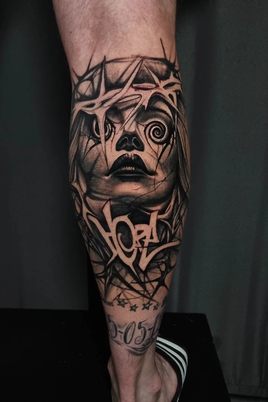 black and grey graffiti  womans face tattoo by Sheffield tattoo artist Josh Askew
