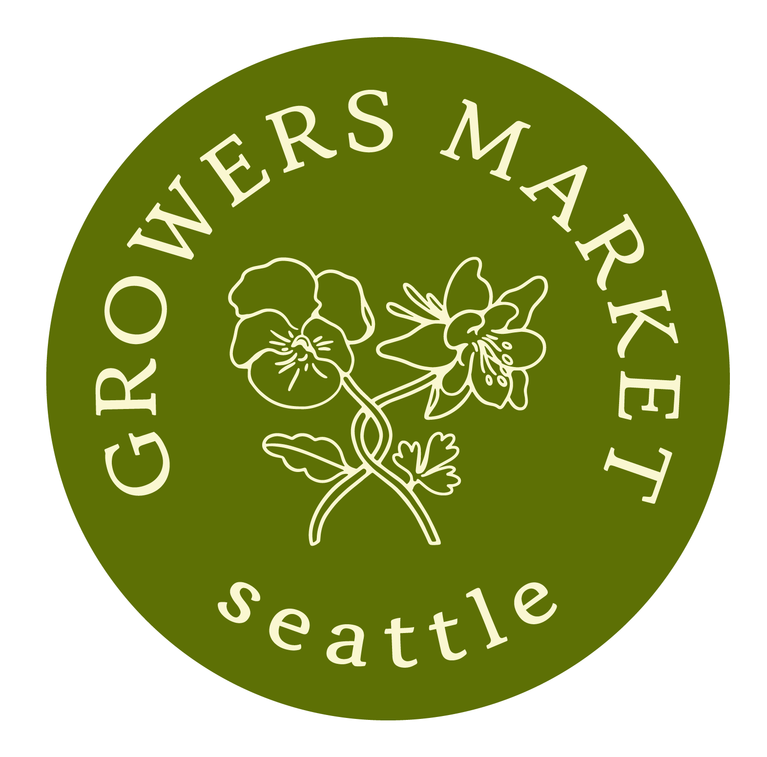 Green circular logo for Grow Owners Market Seattle featuring a white line drawing of a flower and the text "Grow Owners Market Seattle" around the top and bottom edges.